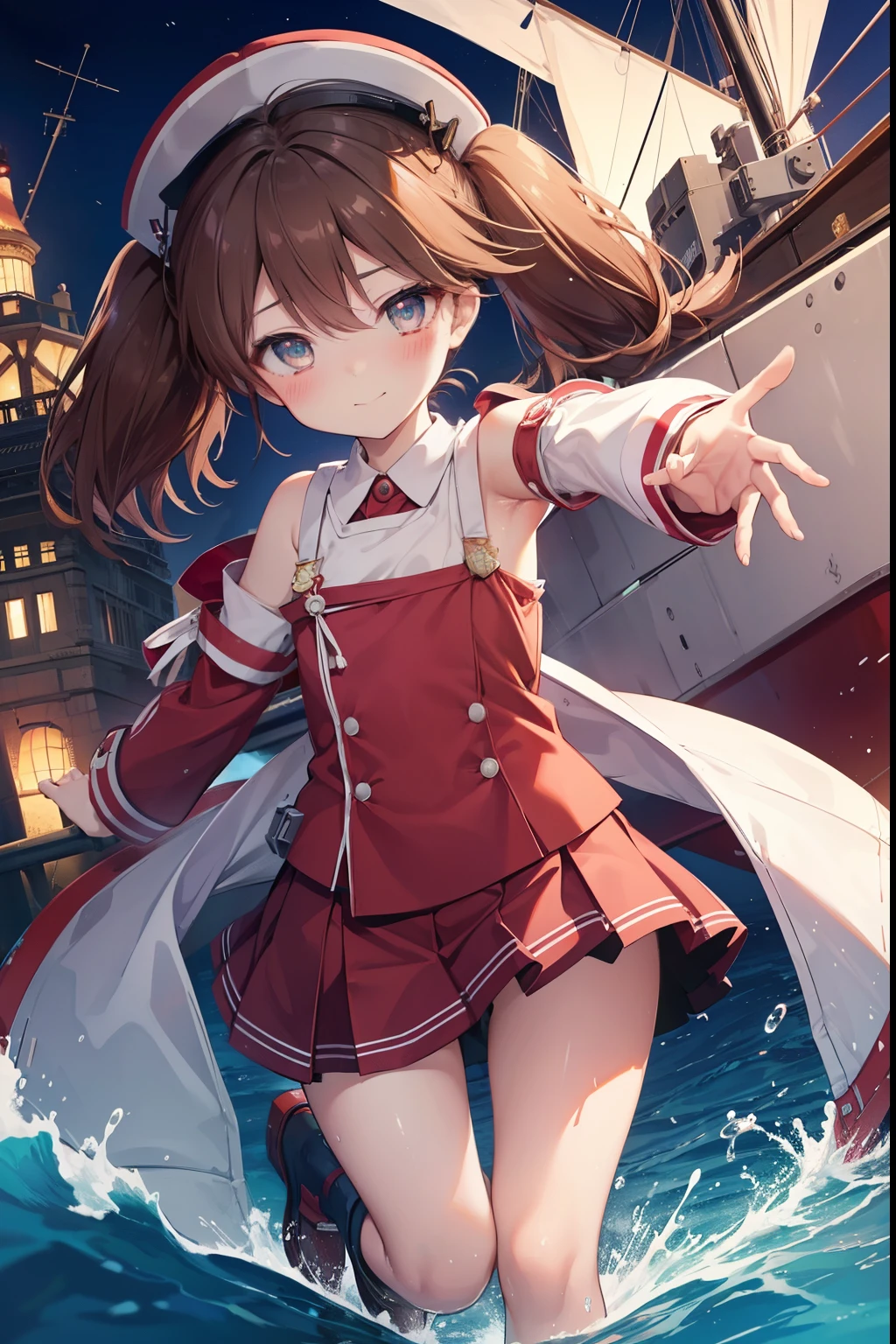 ryuujou、blush,smile、Brown Hair、Half Twin Tail、Wear a hat、Shipgirl、uniform、Fighting at sea、Primary school students、The back is very small、Lolita、Small breasts、Please show me your armpits、exterior: 14 years old、Shoulder Bare、The clavicle is visible、Sexy thighs、Beautiful feet、Usual hairstyle、highest quality, High resolution, unity 8k wallpaper, (shape:0.8), (Beautiful and beautiful eyes:1.6), Highly detailed face, Perfect lighting, Extremely detailed CG, (Perfect hands, Perfect Anatomy),