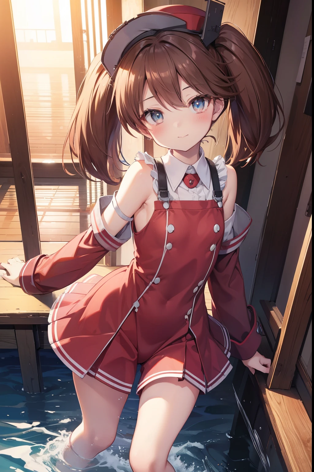 ryuujou、blush,smile、Brown Hair、Half Twin Tail、Wear a hat、Shipgirl、uniform、Fighting at sea、Primary school students、The back is very small、Lolita、Small breasts、Please show me your armpits、exterior: 14 years old、Shoulder Bare、The clavicle is visible、Sexy thighs、Beautiful feet、Usual hairstyle、highest quality, High resolution, unity 8k wallpaper, (shape:0.8), (Beautiful and beautiful eyes:1.6), Highly detailed face, Perfect lighting, Extremely detailed CG, (Perfect hands, Perfect Anatomy),