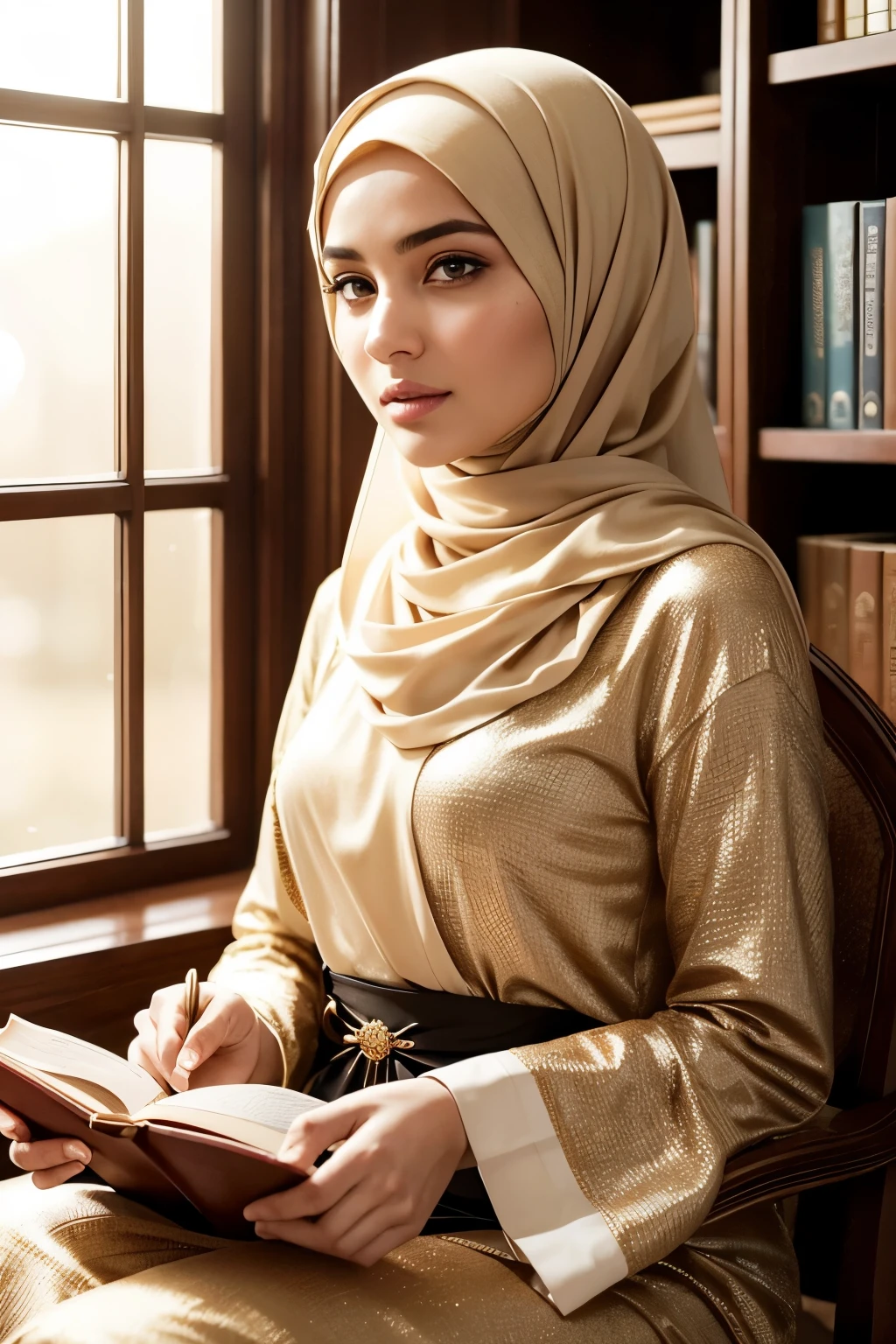 Woman with Hijab -- S2:
Best quality, high resolution, Masterpiece: 1.3, Beautiful hijabi woman, Masterpiece, Serene countenance, Realistic, Expressive eyes veiled by her hijab, 1 girl, graceful, elegant, exquisite features, a woman of substance, adorned in traditional Arabic attire, abaya and hijab, full-length, elegant silhouette, the essence of femininity, a woman of wisdom, a scholar of the Holy Quran, seated in a library, engrossed in a book, the warmth of golden hour filtering through the window, books surrounding her, a symbol of knowledge and wisdom, a beautiful