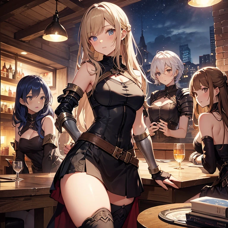 A group of female medieval fantasy adventurers, (in tavern), various hair styles, harem, night, details face, short skirt, seducing, sleeveless, armor