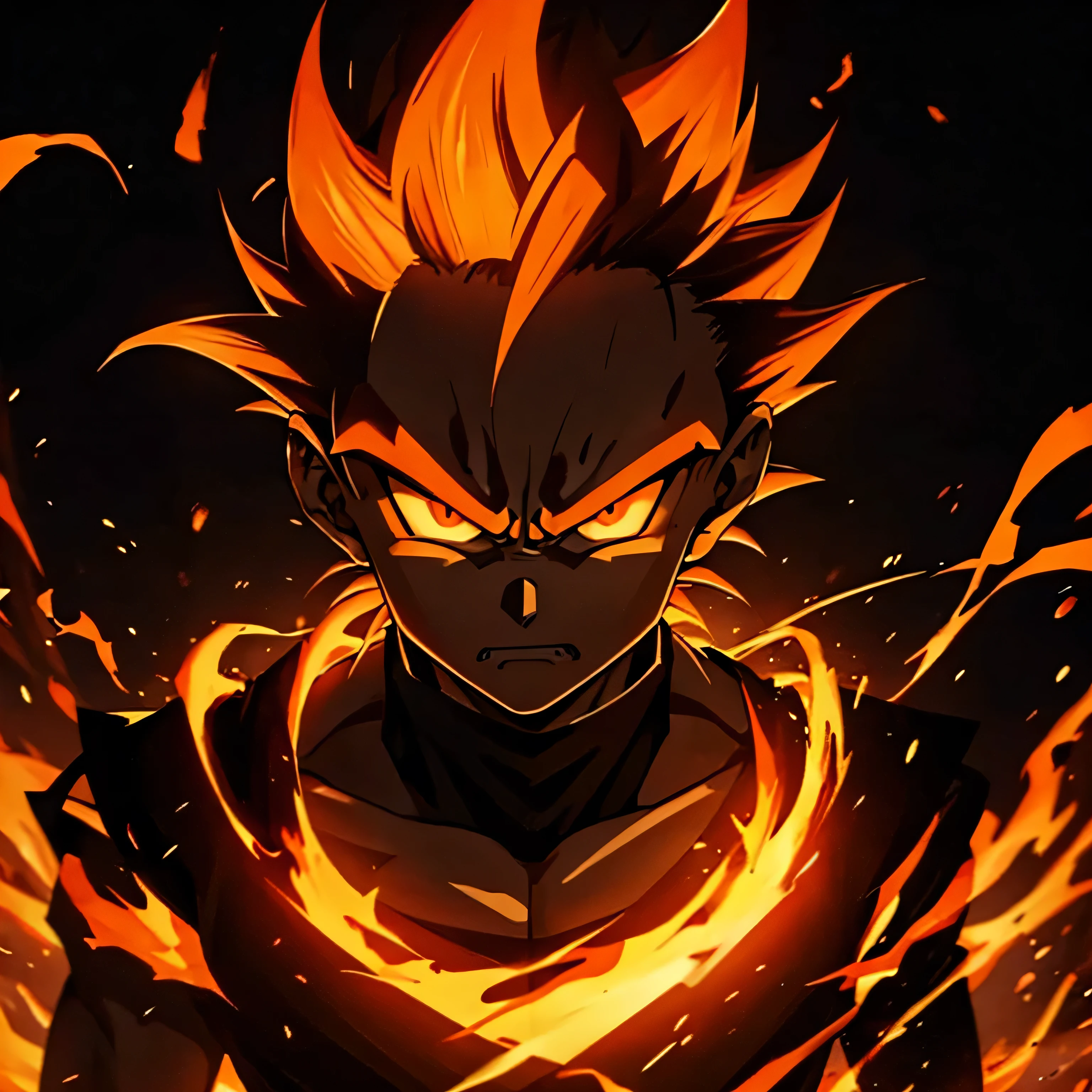 minimalistic, angry face, demon, only silhouette, dark shadow, glowing eyes, orange hair, with clean background, special effects, dragonball god aura