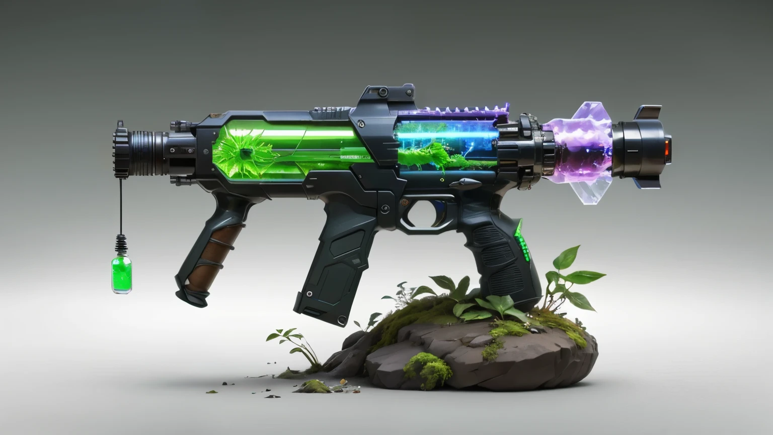 Concept gun design, Science Fiction，unmanned，Gun with plants and crystals，Glowing gun，Glass and Plasma，Plant and machine combination，moss，The vine plant attached to the gun，cgi，Realism，Stereo，Light and Shadow，Place on the ground，HD，Extreme details，high resolution