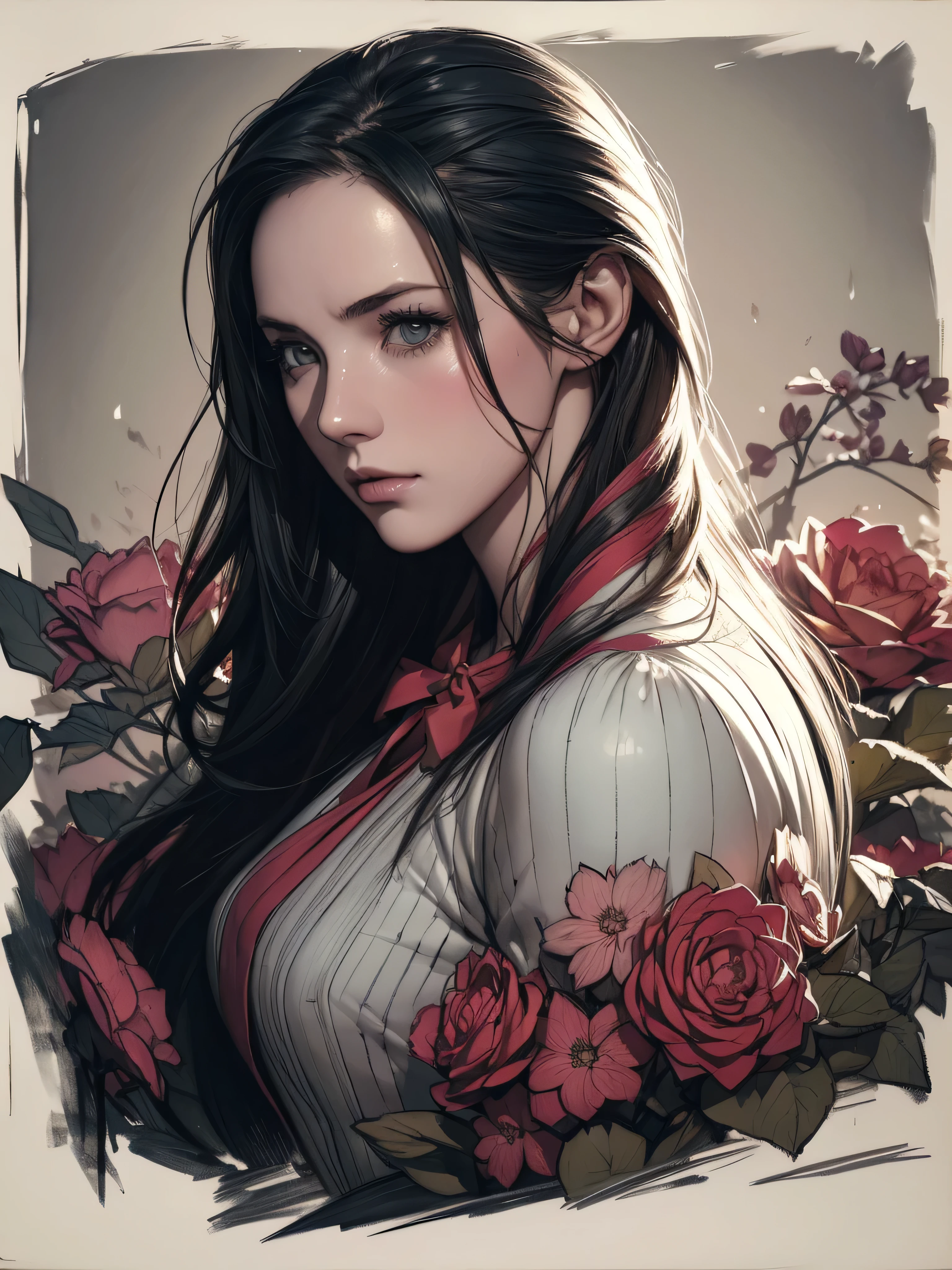 charlie bowater woman, ((Realistic lithography sketch portrait)), flowers, [gear], pipe, diesel punk, multi-colored ribbons, old paper texture, very detailed, ((A photo that emphasizes the redness of a part of the screen)),Monochrome Art, long black hair