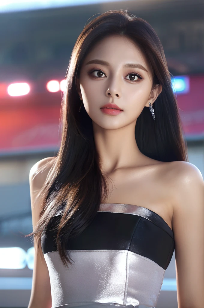 Tzuyu 1, woman, (Realistic), (Hyperrealism), (photoRealistic), Depth of written boundary, eye make up:0.7 (whole body:1.2), (Large Bust),(Tight waist), Watching the audience,In the pits at the racing track, Race Queen, Sexy dress with open shoulders and neckline