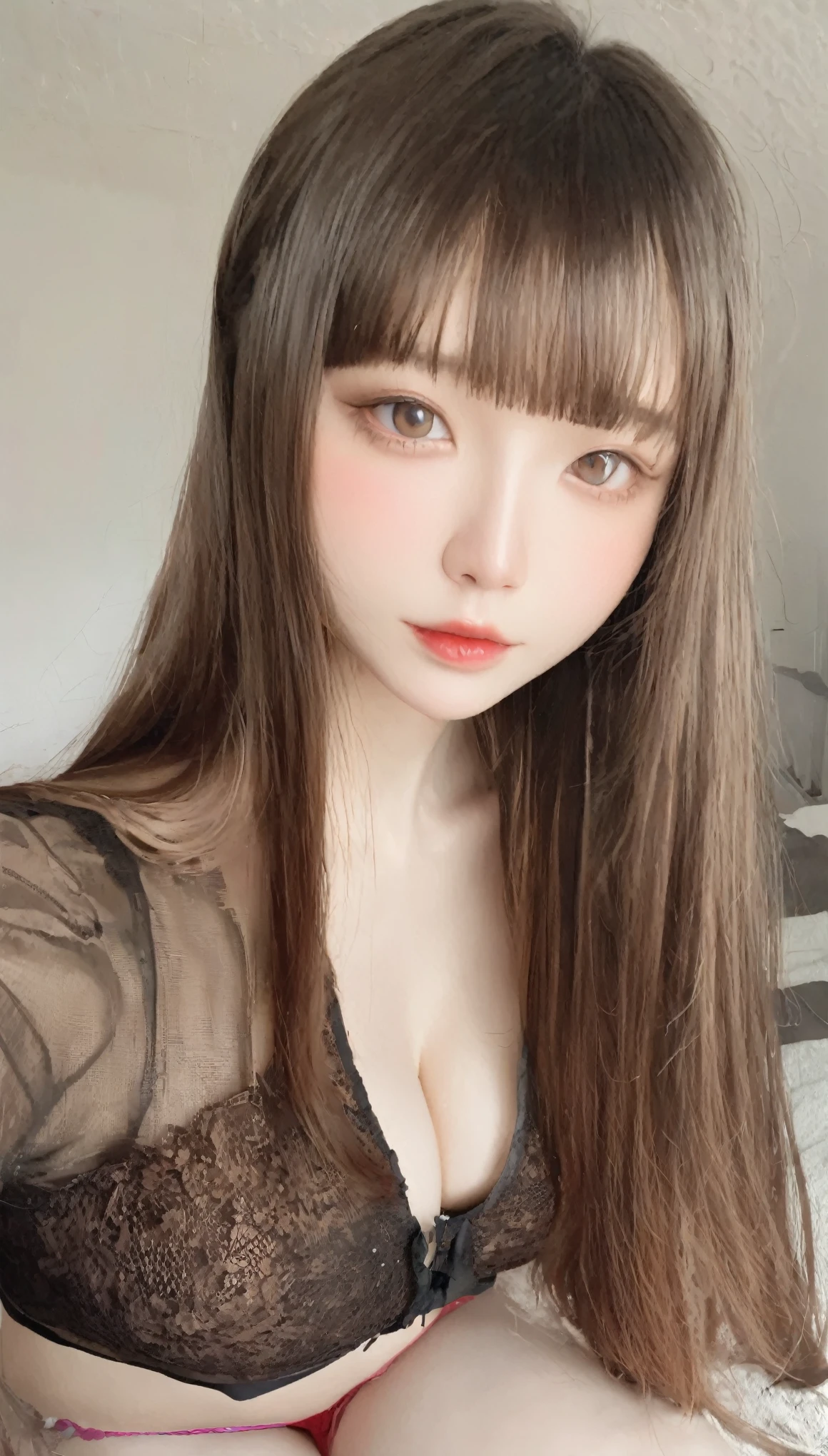 See through，Beautiful and fair、Glowing Skin, 3 Up, Nice, bright, Refreshing and gentle look, Perfect beautiful face、Beautiful shiny bangs, Very beautiful  girl, eyeliner, Very perfect eyes，Very large breasts，The original skin is visible through the grooves，Ecru underwear