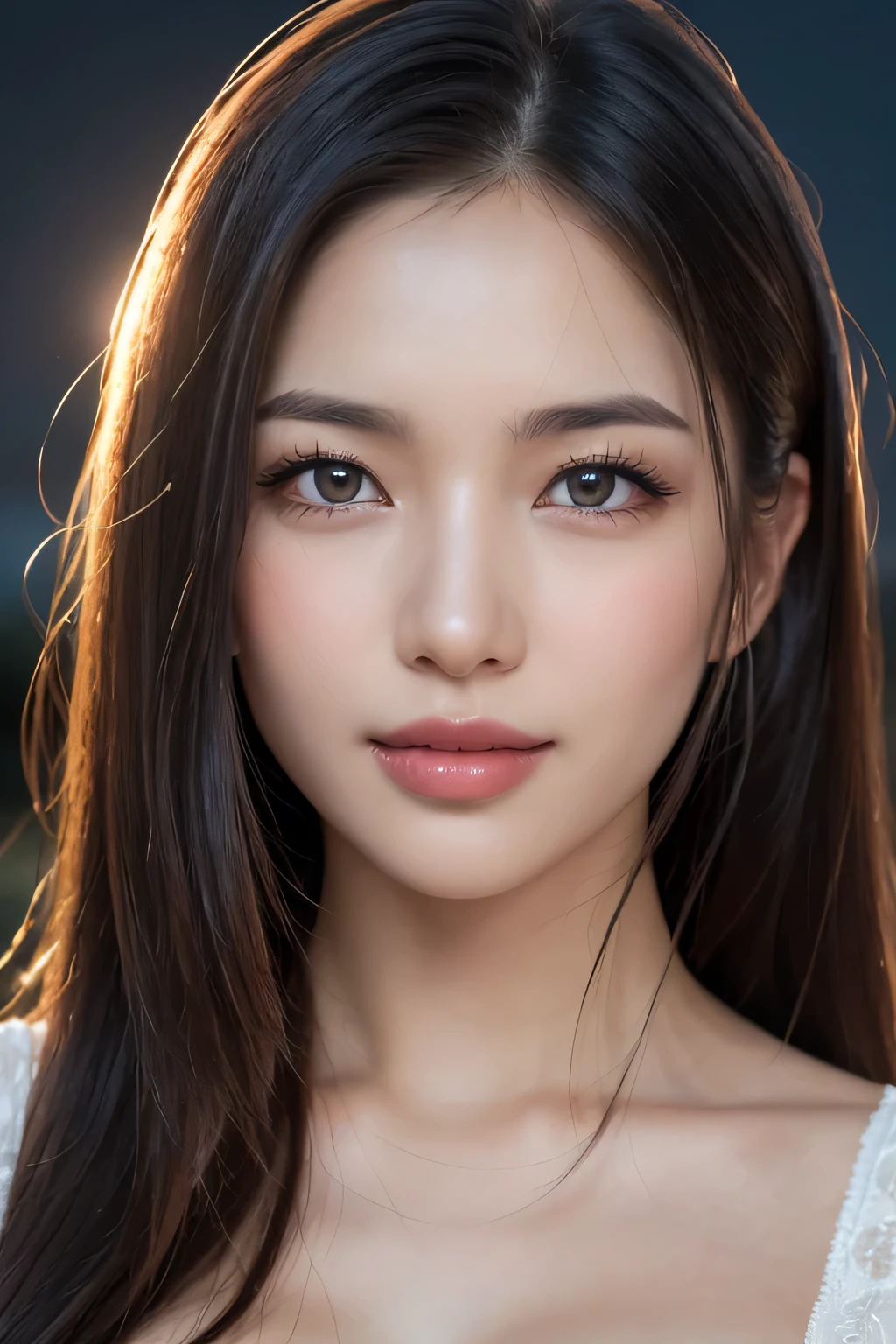 Body portrait, 8K, thin and beautiful eyes, Dindal effect, masterpiece, top quality, high quality, high resolution, very detailed photo, (natural skin texture, fine skin, hyper realism, super sharpness), high detail skin, (very fine, fine skin texture, intricate details, beautiful face, (realistic face), realistic eyes, beautifully detailed eyes, realistic skin, beautiful skin, surreal, very detailed Golden ratio, smiling eyes, ((night moonlight background) )), body portrait, G cup, big breasts, huge breasts, big breasts, glamorous, sexy knit dress,