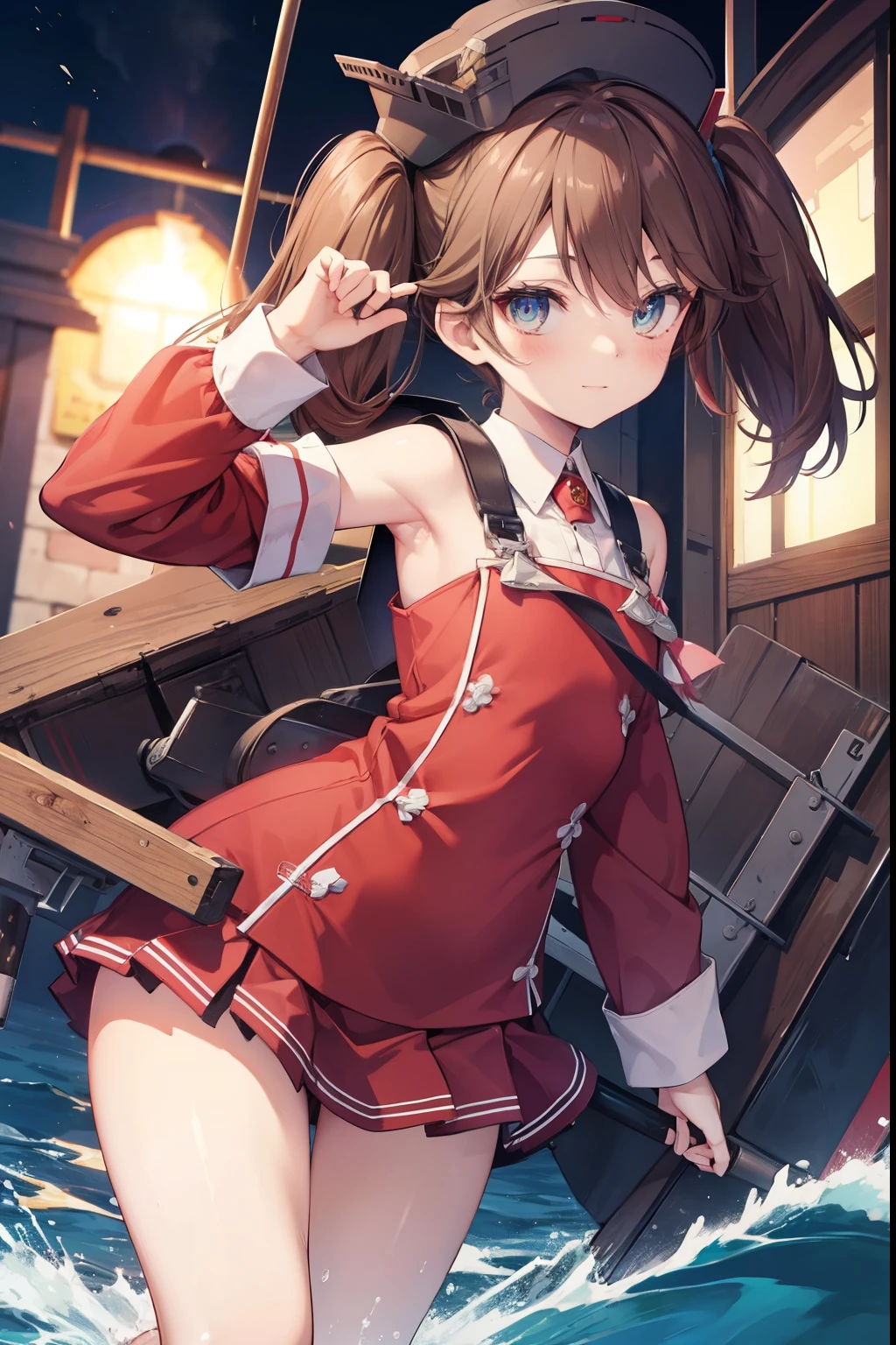 ryuujou、blush,smile、Brown Hair、Half Twin Tail、Wear a hat、Shipgirl、uniform、Fighting at sea、Primary school students、The back is very small、ta、Small breasts、Please show me your armpits、exterior: 14 yulder Bare、The clavicle is visible、Sexy thighs、Beautiful feet、Usual hairstyle、highest quality, High resolution, unity 8k wallpaper, (shape:0.8), (Beautiful and beautiful eyes:1.6), Highly detailed face, Perfect lighting, Extremely detailed CG, (Perfect hands, Perfect Anatomy),