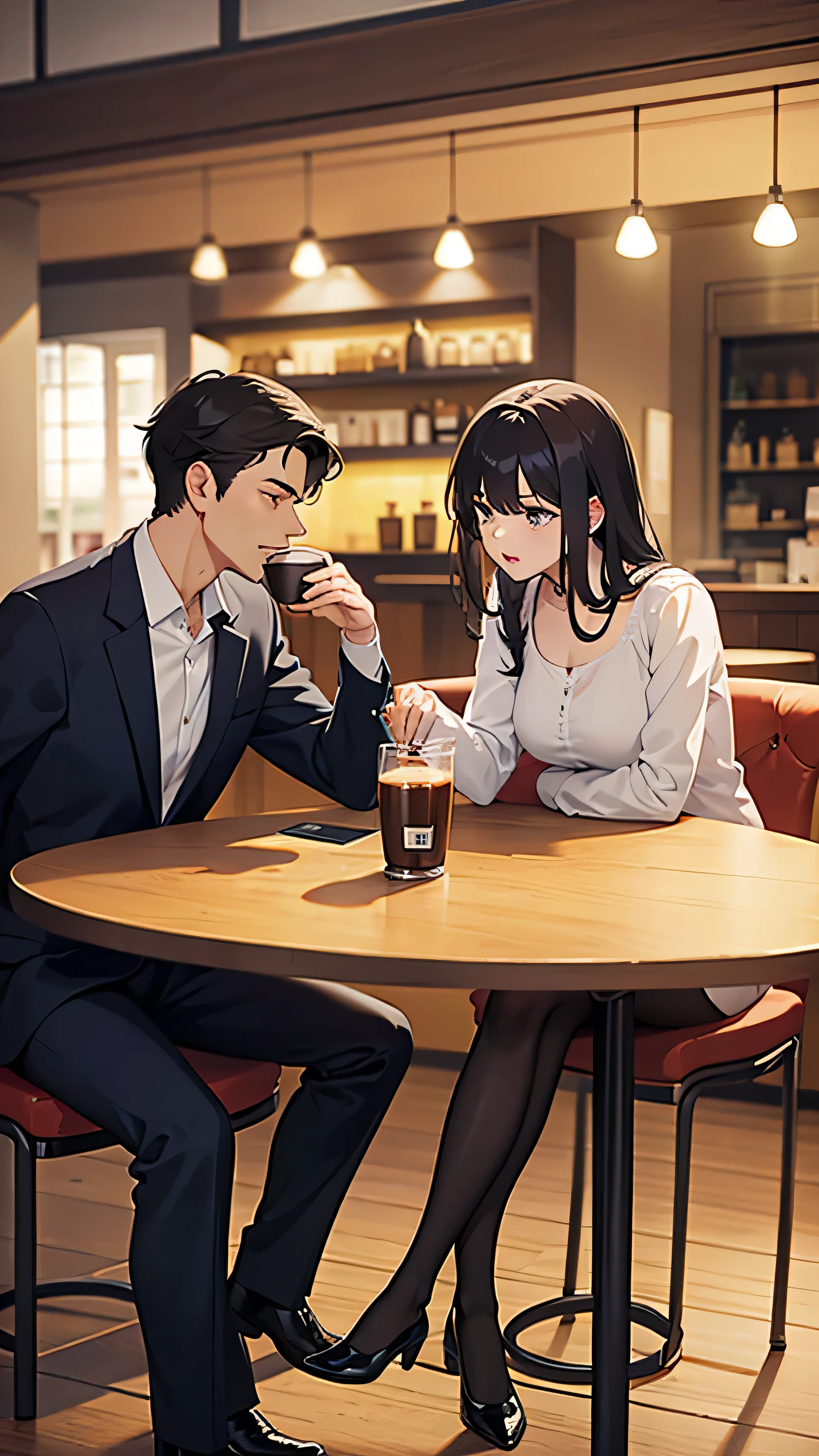 Anime couple sitting at a table drinking coffee and talking - SeaArt AI