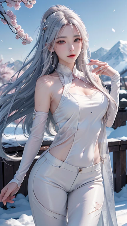 ((logo、masterpiece、8k、table top、RAW photo、wonderful、最high quality、Photorealistic and very detailed CG synthesis 8k wallpaper、high quality、very detailed、Narrative poem、particle effects、dynamic effects、written boundary depth、cinematic light、Lens flare、ray tracing、table top、realistic:1.4、超A high resolution:1.2、realistic、realistic))、fantasy、anatomically correct、((alone、1 female、show viewer、detailed face、thin hair、medium long hair、My hair dances in the wind、hair jump))、halter neck、white leather pants、white leather jacket、silver earrings、night、Wind、darkness、Snow and hoarfrost、very cold winter day、snow-capped mountainや森、hoarfrost、snow-capped mountain々、The beauty and brilliance of frost-covered trees、Serenity and beauty meadow of ice and snow world、vast land、Lakeside、Wonderful views、Beautiful natural wind scenery、Night Sky、Wind、cherry blossoms、cherry blossomsの花びらが舞っている、cherry blossoms snowstorm、falling petals