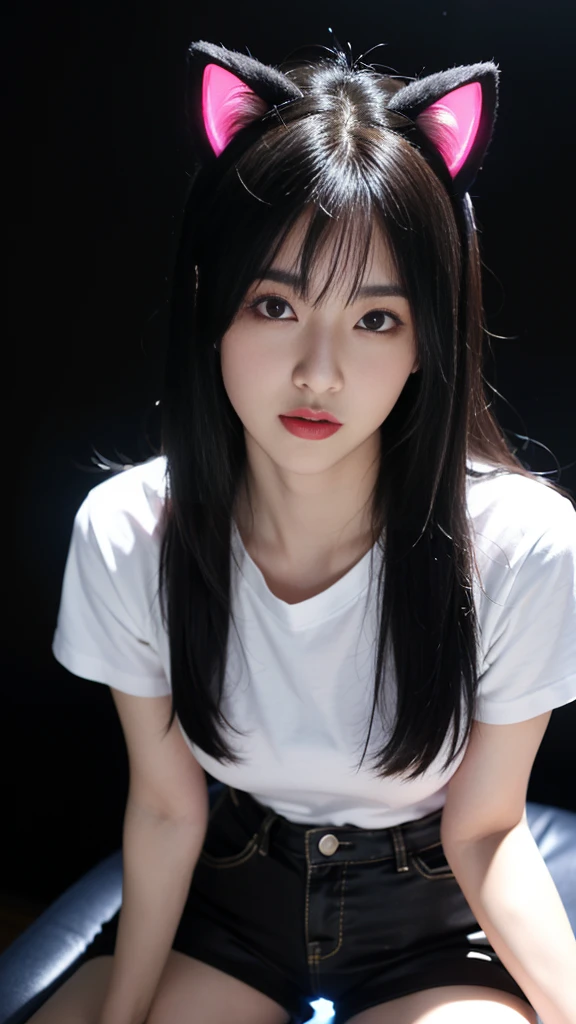 girl、Heaven、Restaurant、Black long straight hair、glowing neon lights、Electronic Game Room、sitting on gaming chair、girl子玩游戏、Illuminated keyboard、Glowing cat ears、(((UV lamps、White shirt glowing under black light)))、Plump large breasts、University of Kili、Satin shorts, No, (Nipple protrusion will push up), (The shape of the nipple protrusions is uniform:1.3), Jacket, (Beautiful and incredibly big breasts:1.3), (Lower chest:1.3), (slim body:1.1), (Slender legs), (stand with one'inner thigh:1.2), (Thin waist), Real skin texture, (Bangs), Bright and shiny lips, The beauty goddess arrives