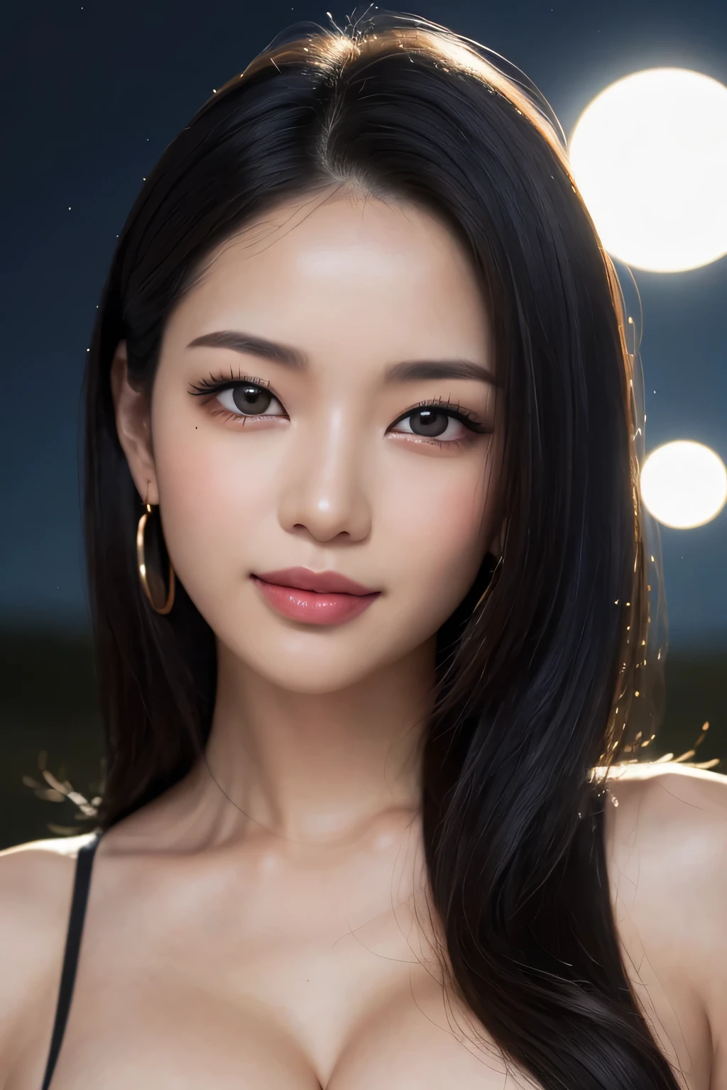 Body portrait, 8K, thin and beautiful eyes, Dindal effect, masterpiece, top quality, high quality, high resolution, very detailed photo, (natural skin texture, fine skin, hyper realism, super sharpness), high detail skin, (very fine, fine skin texture, intricate details, beautiful face, (realistic face), realistic eyes, beautifully detailed eyes, realistic skin, beautiful skin, surreal, very detailed Golden ratio, smiling eyes, ((night moonlight background) )), body portrait, G cup, big breasts, huge breasts, big breasts, glamorous, sexy knit dress,