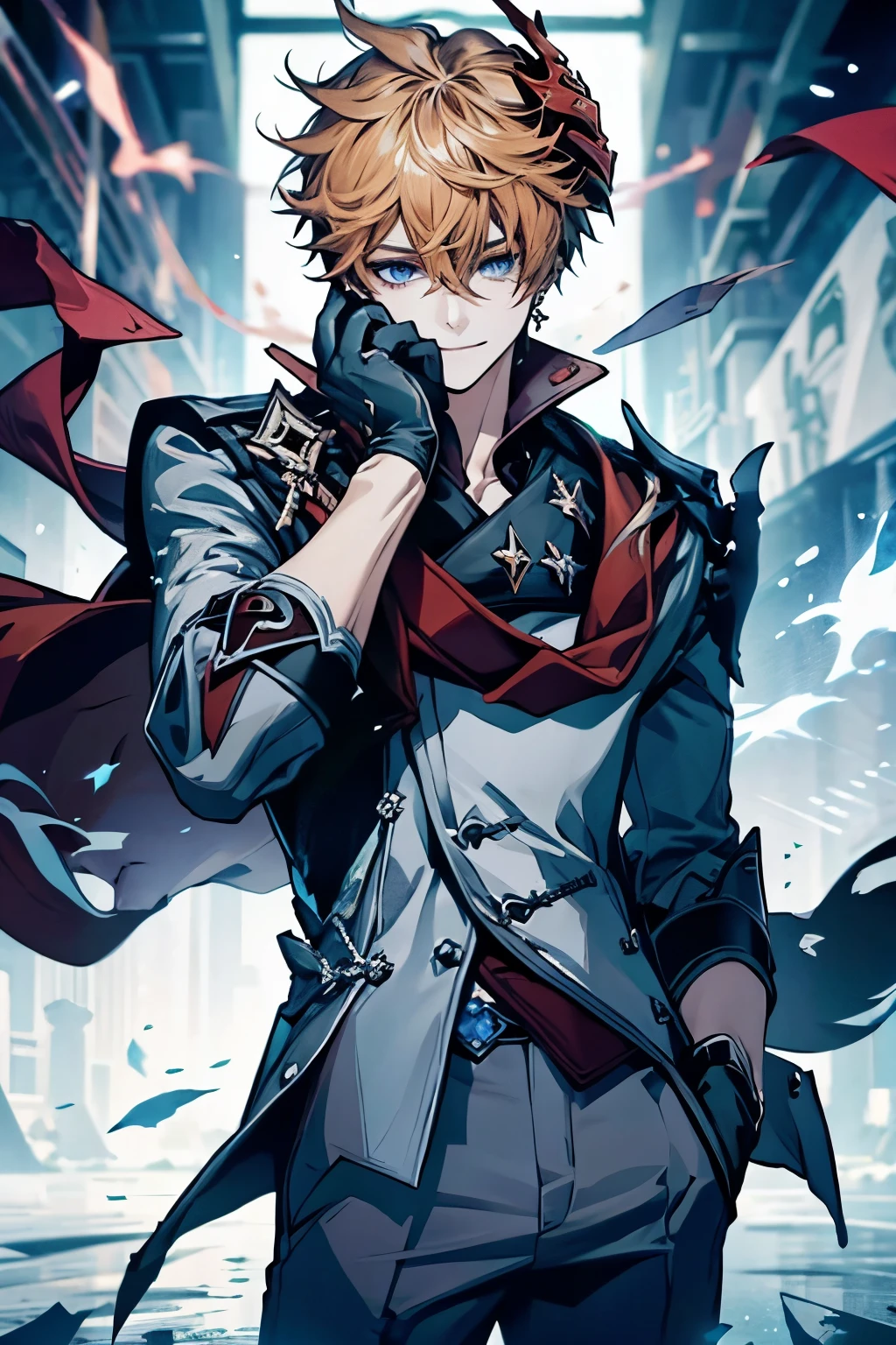 (masterpiece), (highres), childe, solo, looking at viewer, short hair, blue eyes, shirt, gloves, 1boy, holding, hair between eyes, jewelry, smile, jacket, male focus, earrings, black gloves, pants,  orange hair, mask, single earring, red scarf,  grey jacket, vision (genshin impact), mask on head, half gloves, grey pants, red mask,