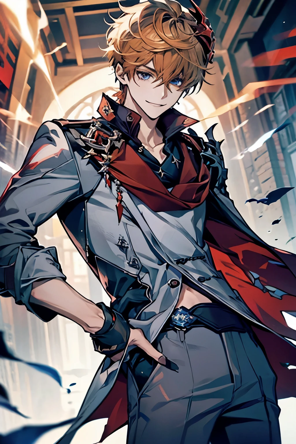 (masterpiece), (highres), childe, solo, looking at viewer, short hair, blue eyes, shirt, gloves, 1boy, holding, hair between eyes, jewelry, smile, jacket, male focus, earrings, black gloves, pants,  orange hair, mask, single earring, red scarf,  grey jacket, vision (genshin impact), mask on head, half gloves, grey pants, red mask,