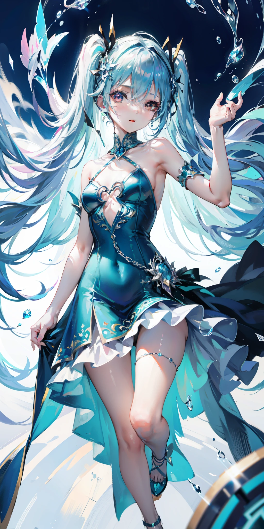 blue theme, Hatsune Miku portrait，masterpiece, magic , (Impossible Dress:1.5), mini skirt, Gradient background, Silver-blue hair, , Bangs,Side Chain, pink eyes, (ulzang-6500-v1.1:0.9), 中等Chest, Chest, Thigh gap, Hair accessories, arching back, Black_witch_have,complicated_decorate,mystery_fountain,luminescent_crystal