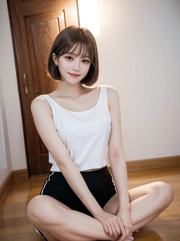 masterpiece, highest quality, High resolution,alone,Multiple hair colors, Very small earrings,artistic,Best lighting,casual,Flat Chest,Beautiful Face,expensive,smile,light makeup,Age 25,Calm woman,indoor,Face Focus,Detailed Hair,Laughing woman,amount,Bob Cut Hair,A woman in training wear,Woman sitting on floor with legs crossed