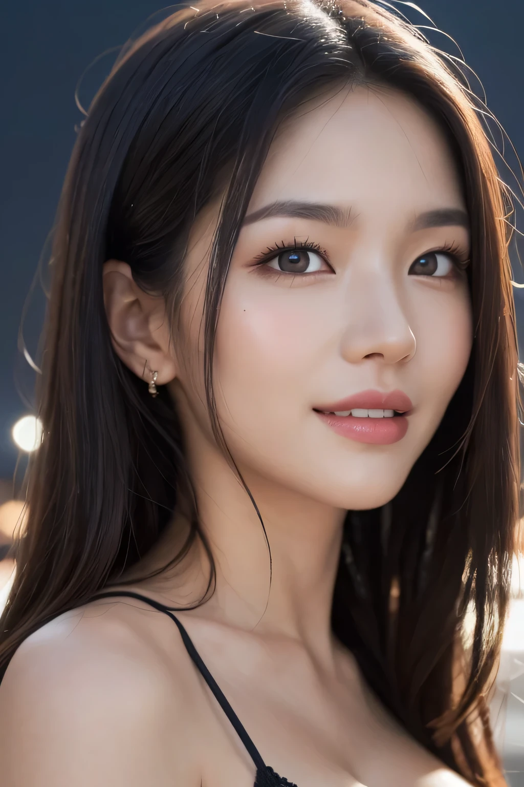 Body portrait, 8K, thin and beautiful eyes, Dindal effect, masterpiece, top quality, high quality, high resolution, very detailed photo, (natural skin texture, fine skin, hyper realism, super sharpness), high detail skin, (very fine, fine skin texture, intricate details, beautiful face, (realistic face), realistic eyes, beautifully detailed eyes, realistic skin, beautiful skin, surreal, very detailed Golden ratio, smiling eyes, ((night moonlight background) )), body portrait, G cup, big breasts, huge breasts, big breasts, glamorous, sexy knit dress,