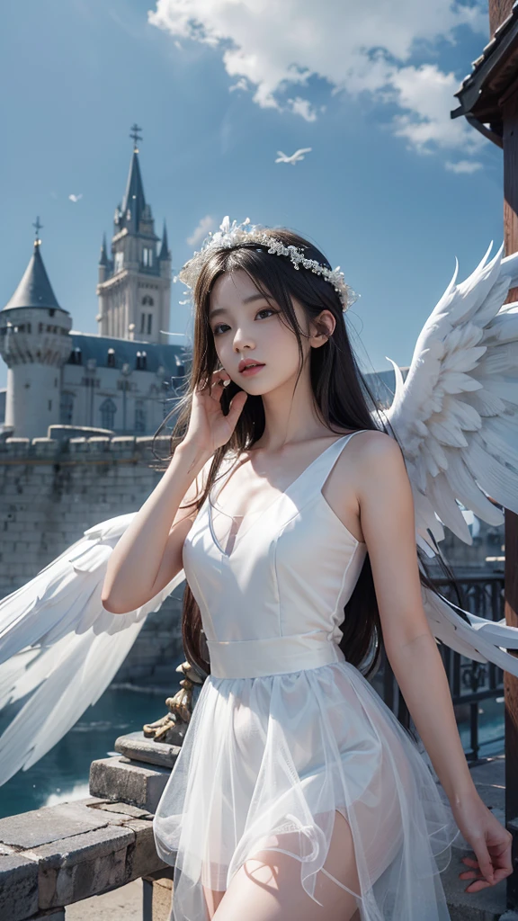 Angel、Angel、white feathers、white wings、(A girl wearing a crown made of flowers in full bloom, flowers approaching,Embodying the harmony between nature and human creativity,high detail, hyper hd, highest quality,works of art,expensive、expensive品質,8K、smile