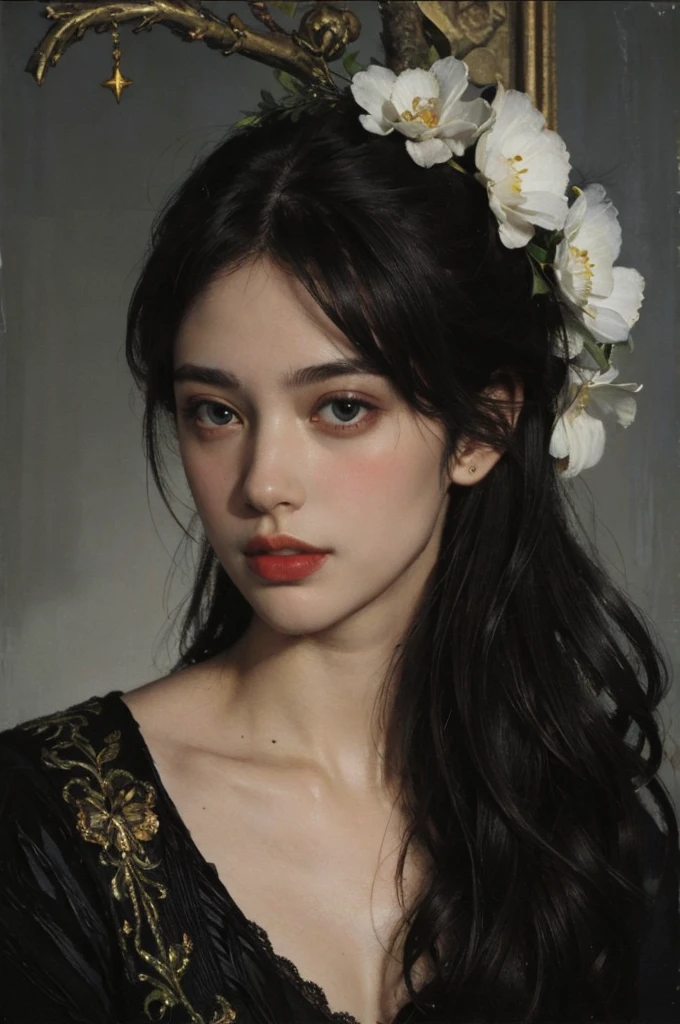 (Oil painting: 1.5),

\\

A woman with long black hair, (a detailed painting: 0.353), (Gothic art: 0.106)