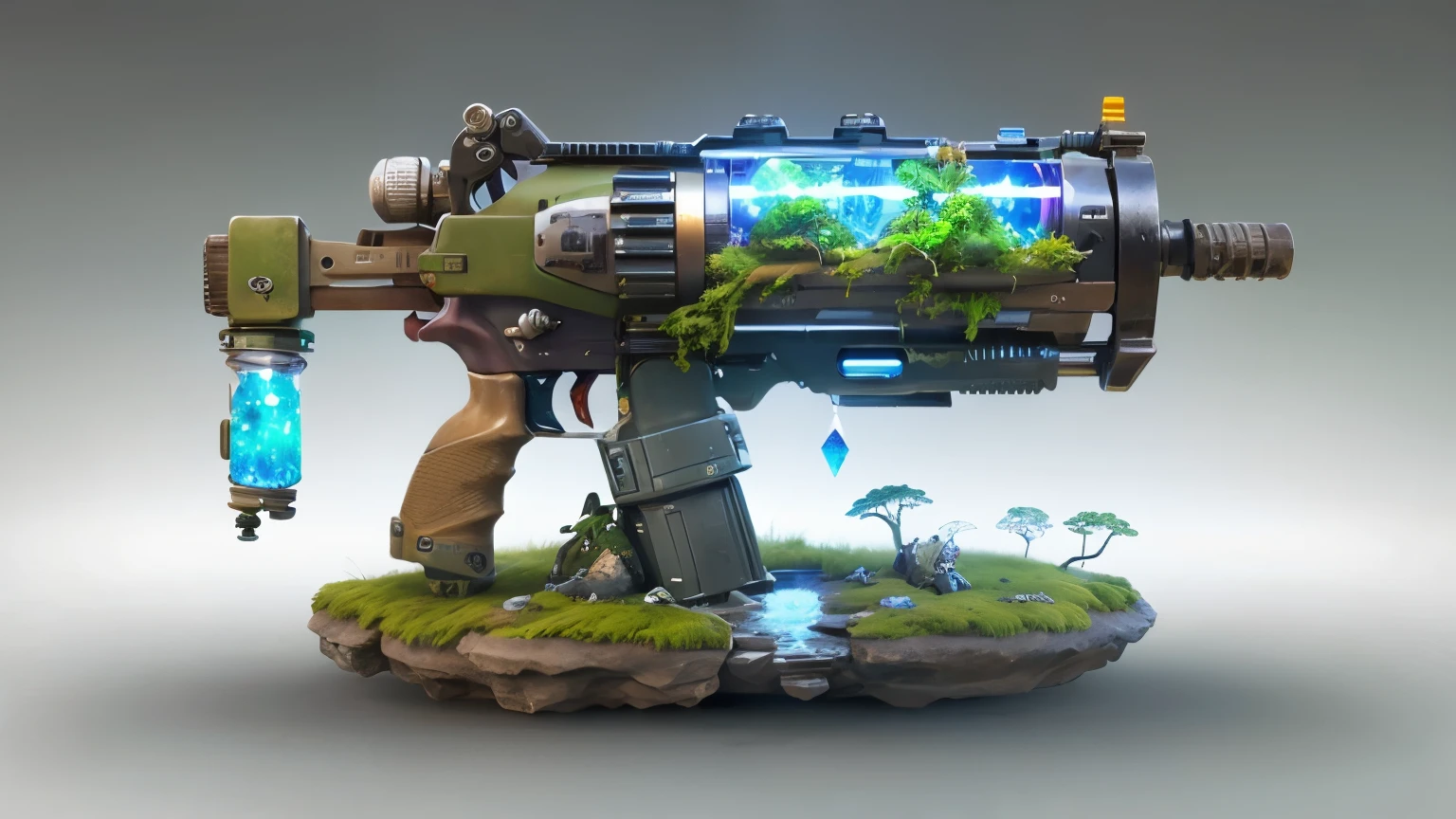 Concept gun design, Science Fiction，unmanned，Gun with plants and crystals，一把很长的Gun with plants and crystals，The gun has a light，plasma，Plant and machine combination，moss，The vine plant attached to the gun，cgi，Realism，Stereo，Light and Shadow，HD，Extreme details，high resolution，Outdoor scene on the ground