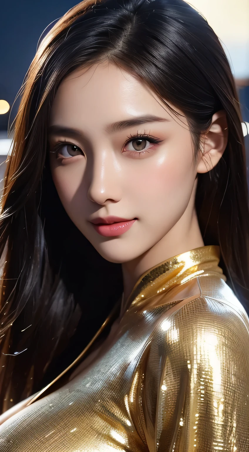Kimono beauty, body portrait, 8k, thin and beautiful eyes, Dindal effect, masterpiece, top quality, high quality, high resolution, very detailed photo, (natural skin texture, fine skin, hyper realism, super sharpness) , high detail skin, (very fine, fine skin texture, intricate details, beautiful face, (real-like face), realistic eyes, beautifully detailed eyes, realistic skin, beautiful skin, surreal, Highly detailed, golden ratio, smiling eyes, ((night moonlight background)), body portrait, G cup, big breasts, huge breasts, big breasts, glamorous, shiny bodysuit