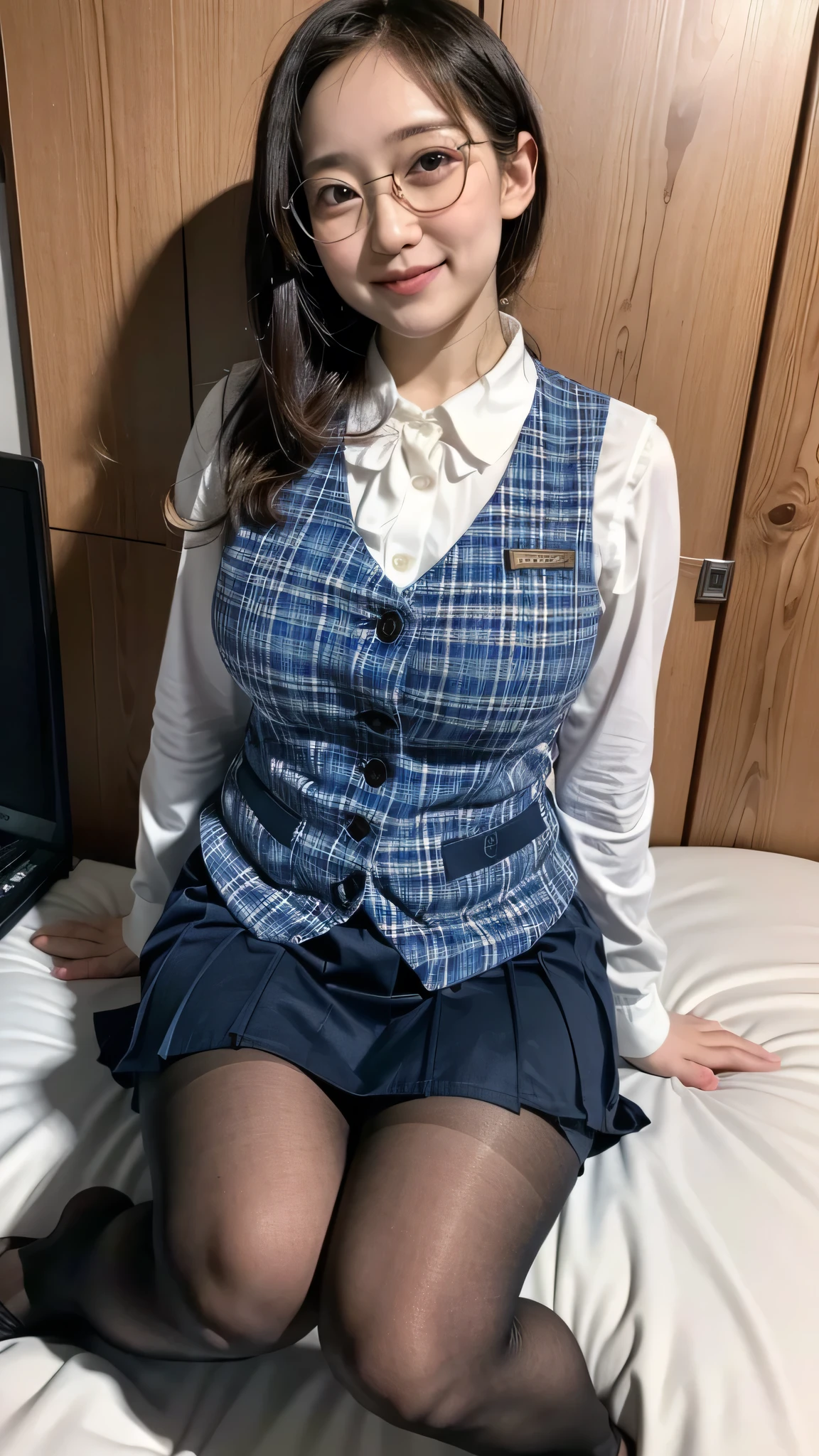 Ulzzang-6500-v1.1, (RAW Photos:1.2), (Photorealistic), (Genuine:1.4), (Pieces fly), A quiet, sober woman wearing glasses and a checked vest., Wear a skirt, Wearing glasses, A little chubby、(Ultra-realistic pantyhose:1.2), Thick lips、Yoshitomo Nara, , Japanese Goddess, Porn actress, Sexy Girl, Geeky appearance,Geeky,Sexy Gaze, (A very loving smile:1.2)、 ((Full Body Shot:1.16))、Sit on the bed and seduce、Very large breasts bigger than a face, Ultra-realistic skin texture、Shiny skin、Very large breasts bigger than a face、Geeky random porn actress poses, Exposed thighs!!!
