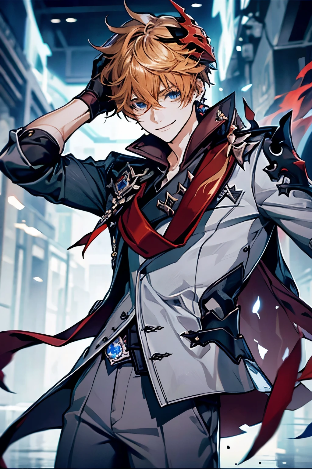 (masterpiece), (highres), childe, solo, looking at viewer, short hair, blue eyes, shirt, gloves, 1boy, holding, hair between eyes, jewelry, smile, jacket, male focus, earrings, black gloves, pants,  orange hair, mask, single earring, red scarf,  grey jacket, vision (genshin impact), mask on head, half gloves, grey pants, red mask,