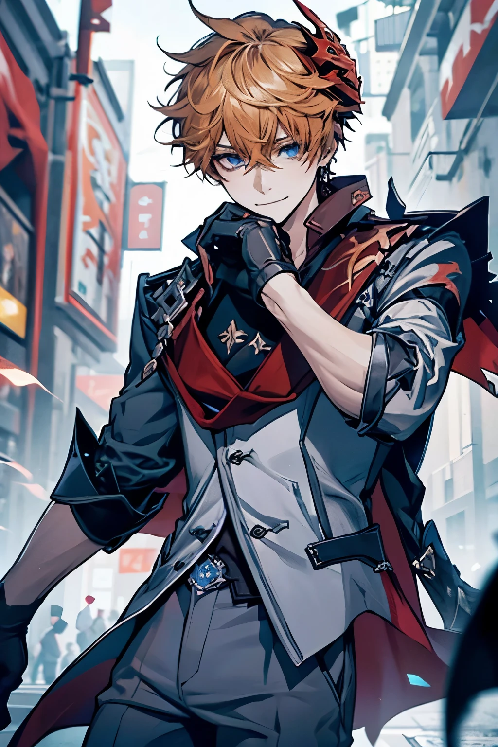 (masterpiece), (highres), childe, solo, looking at viewer, short hair, blue eyes, shirt, gloves, 1boy, holding, hair between eyes, jewelry, smile, jacket, male focus, earrings, black gloves, pants,  orange hair, mask, single earring, red scarf,  grey jacket, vision (genshin impact), mask on head, half gloves, grey pants, red mask,