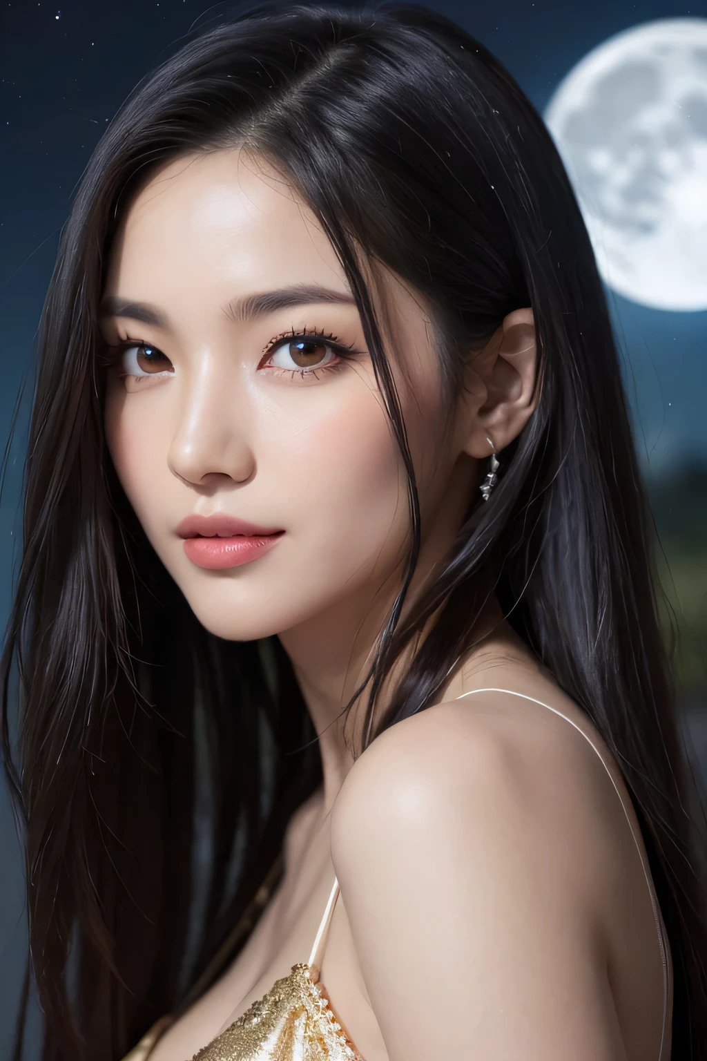Body portrait, 8K, thin and beautiful eyes, Dindal effect, masterpiece, top quality, high quality, high resolution, very detailed photo, (natural skin texture, fine skin, hyper realism, super sharpness), high detail skin, (very fine, fine skin texture, intricate details, beautiful face, (realistic face), realistic eyes, beautifully detailed eyes, realistic skin, beautiful skin, surreal, very detailed Golden ratio, smiling eyes, ((night moonlight background) )), body portrait, G cup, big breasts, huge breasts, big breasts, glamorous, sexy knit dress,