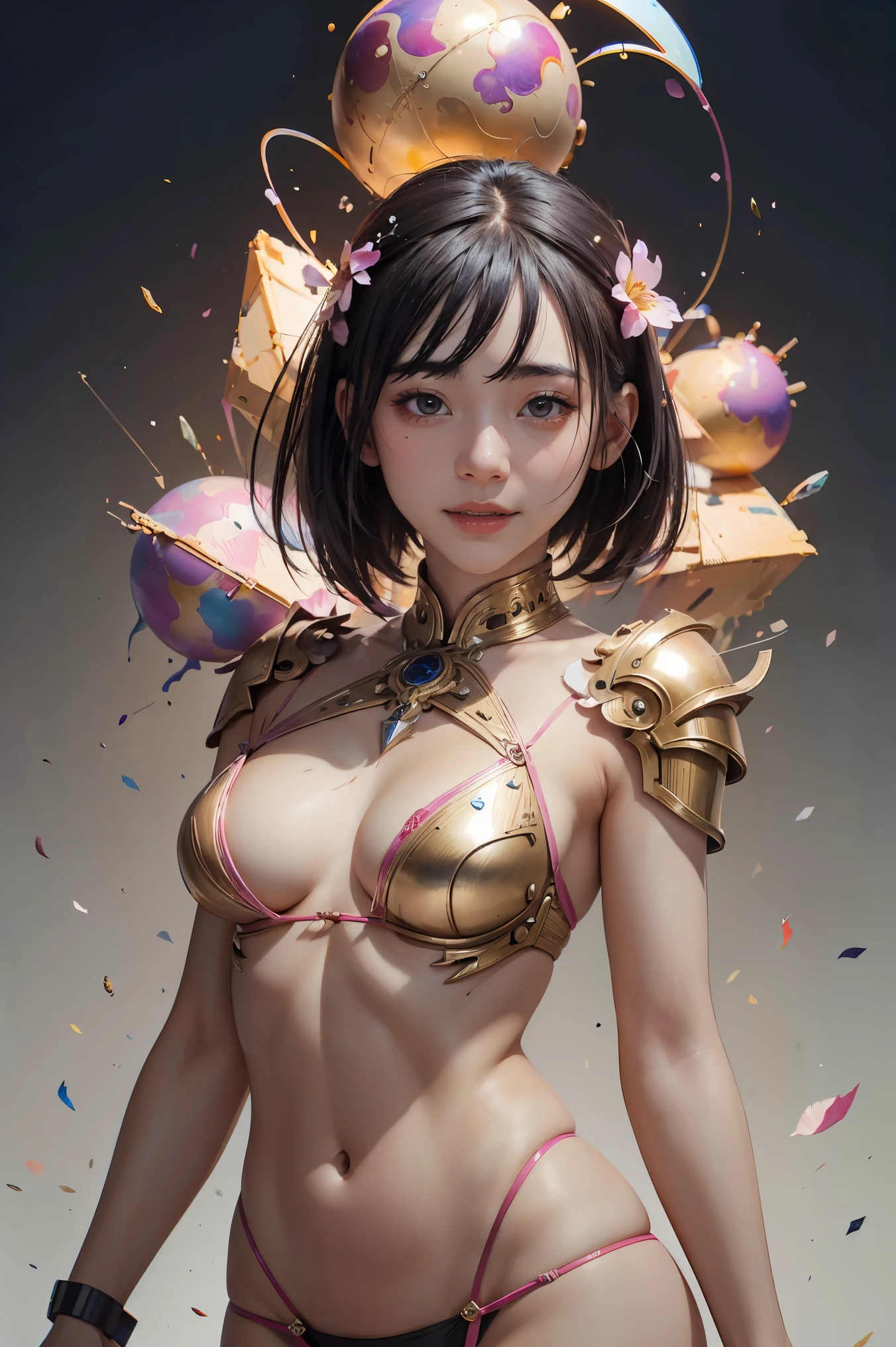 beautiful japanese young woman, wearing cyborg armor made of oil, thick symmetrical features, very short hair, background is cherry blossoms, pink aura, red lips, octane render,