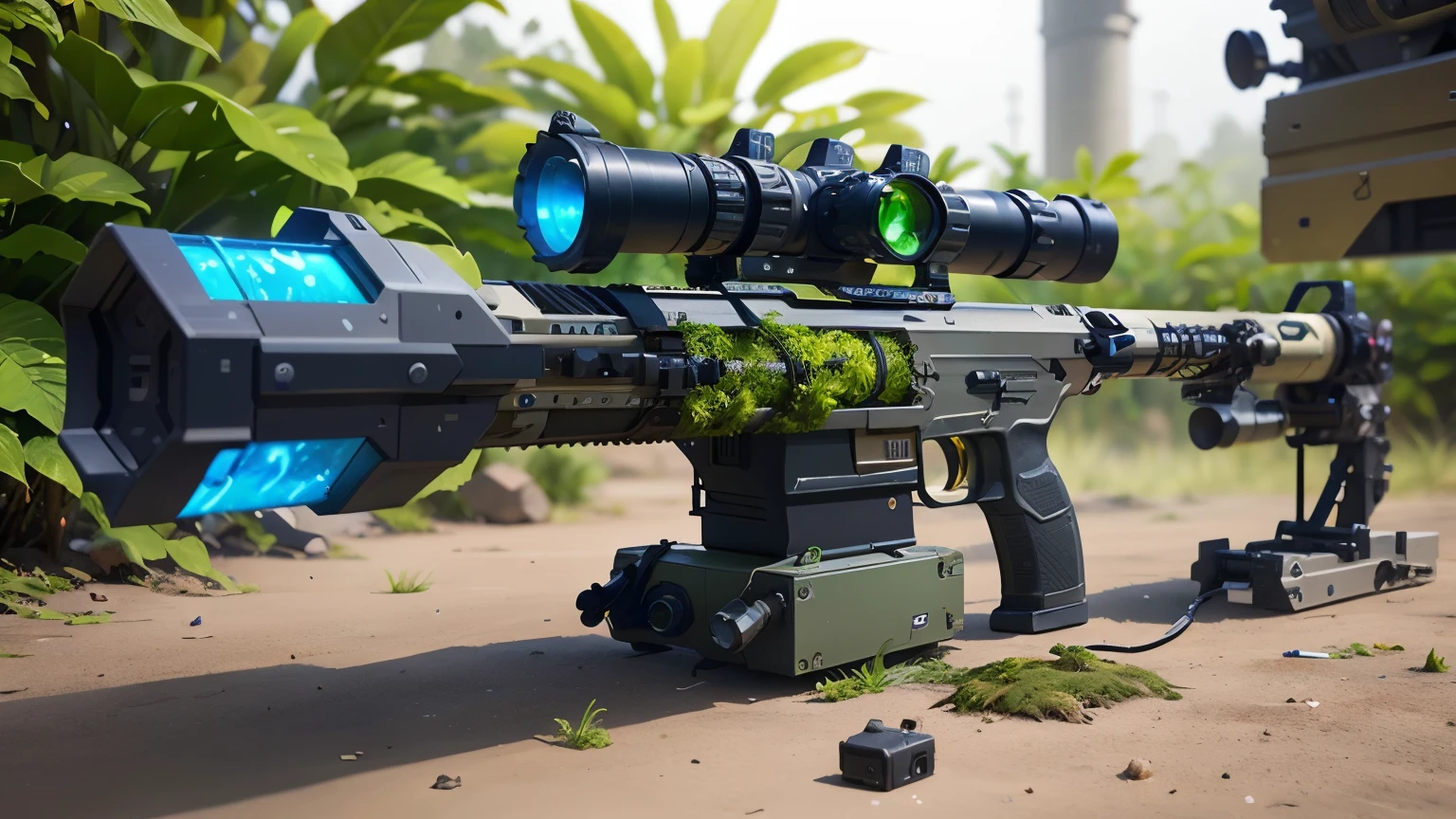 Concept gun design, Science Fiction，unmanned，Gun with plants and crystals，Glowing gun，Plant and machine combination，moss，The vine plant attached to the gun，cgi，Realism，Stereo，Light and Shadow，Sniper rifle on the ground，Outdoor scene on the ground