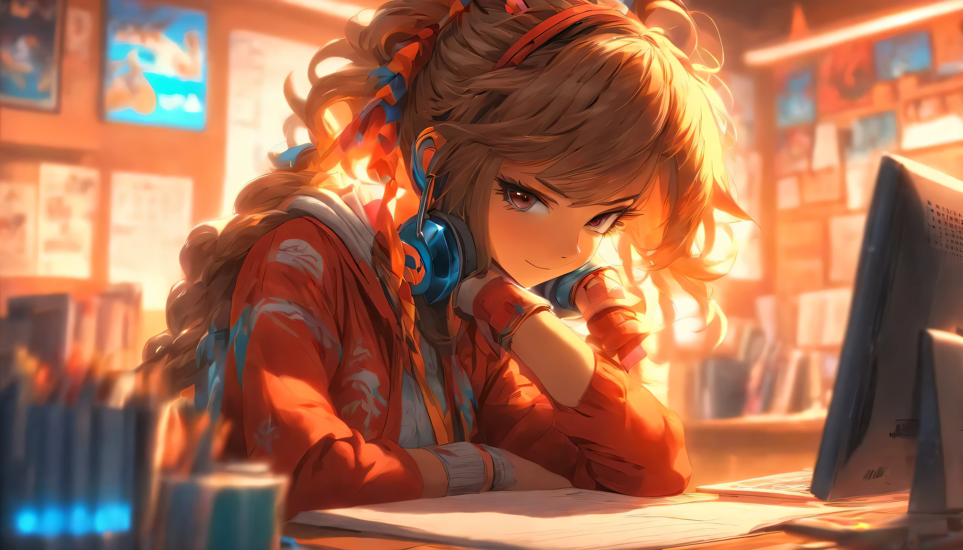 1 chica, solo, de un lado,Brown_cabello,cola de caballo, cabello azul,auriculares,Bufanda roja, estudiando, en un escritorio,gato naranja en el fondo,
