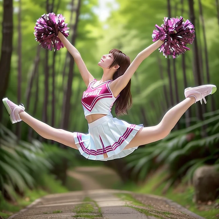 Realistic photos画質、Japanese woman in cheerleader outfit jumping into the air on a forest path, ２０Year-old cheerleader, Jumping and floating pose,  Leap, kawaii Dancer playful pose, Jump pose, Dancer playful pose, Perfect Dynamic Pose, Stunning action poses,  Leap into the air, [ Realistic photos ]!!、Slightly large breasts、Beautiful Face、Idol