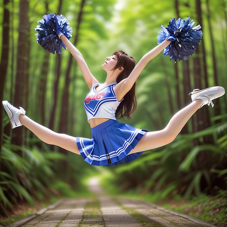 Realistic photos画質、Japanese woman in cheerleader outfit jumping into the air on a forest path, ２０Year-old cheerleader, Jumping and floating pose,  Leap, kawaii Dancer playful pose, Jump pose, Dancer playful pose, Perfect Dynamic Pose, Stunning action poses,  Leap into the air, [ Realistic photos ]!!、Slightly large breasts、Beautiful Face、Idol