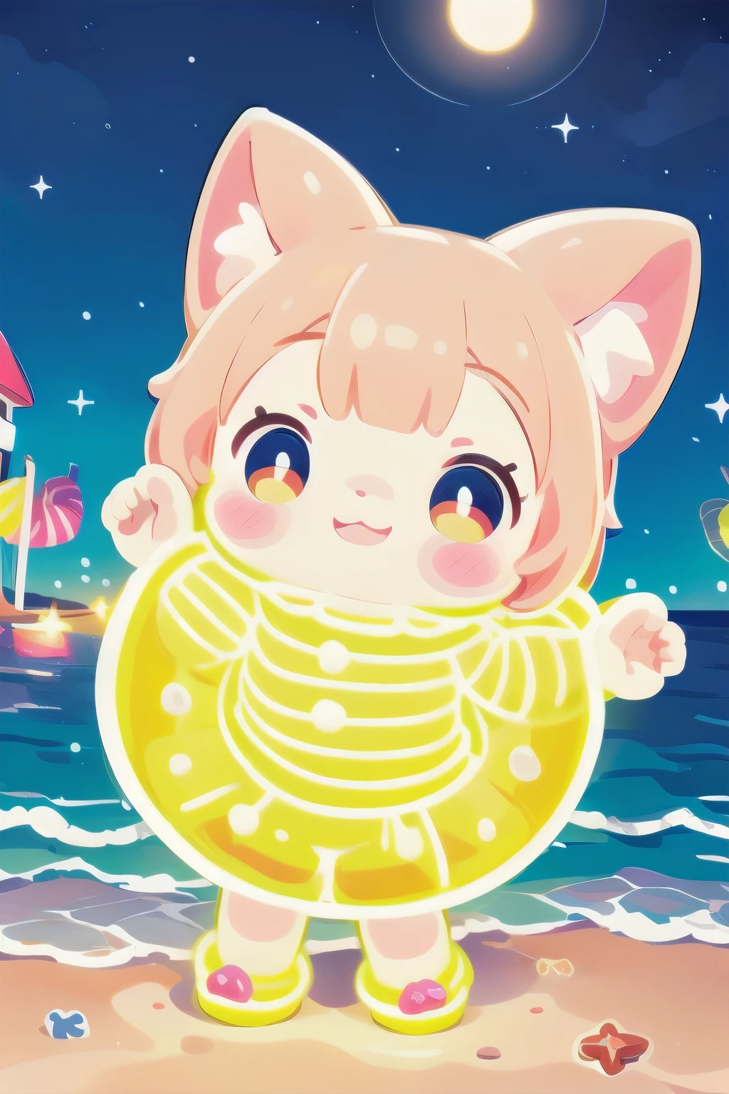 Photorealistic、whole body、Chibi Musume、Seashell Accessories、smile、Cute Shoes、Collecting seashells at night、Neon light clothes