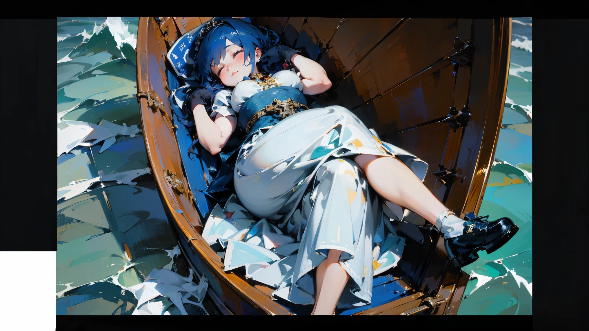 ((best quality)), Jewelry Packaging,Very luxurious dress)),((1 Obese girl)),Ocean,Boat,Cross your legs,Dark blue hair,Sleeping in the lifebuoy,Platform shoes,((Gloves)),(Nikolai Fehin),( Fisher, ),背景是Ocean,Ocean