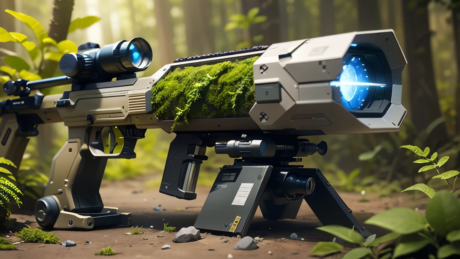 Concept gun design, Science Fiction，unmanned，Gun with plants and crystals，Gun with plants and crystals，The gun has a light，plasma，Plant and machine combination，moss，The vine plant attached to the gun，cgi，Realism，Stereo，Light and Shadow，HD，Extreme details，high resolution，Outdoor scene on the ground，Sniper Rifle