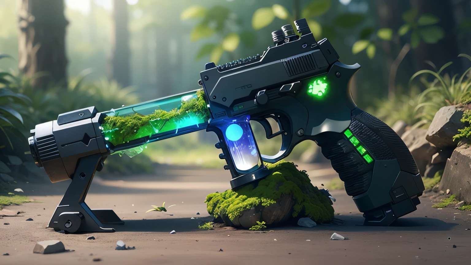 Concept gun design, Science Fiction，unmanned，Gun with plants and crystals，Glowing gun，Glass and Plasma，Plant and machine combination，moss，The vine plant attached to the gun，cgi，Realism，Stereo，Light and Shadow，Place on the ground，HD，Extreme details，high resolution