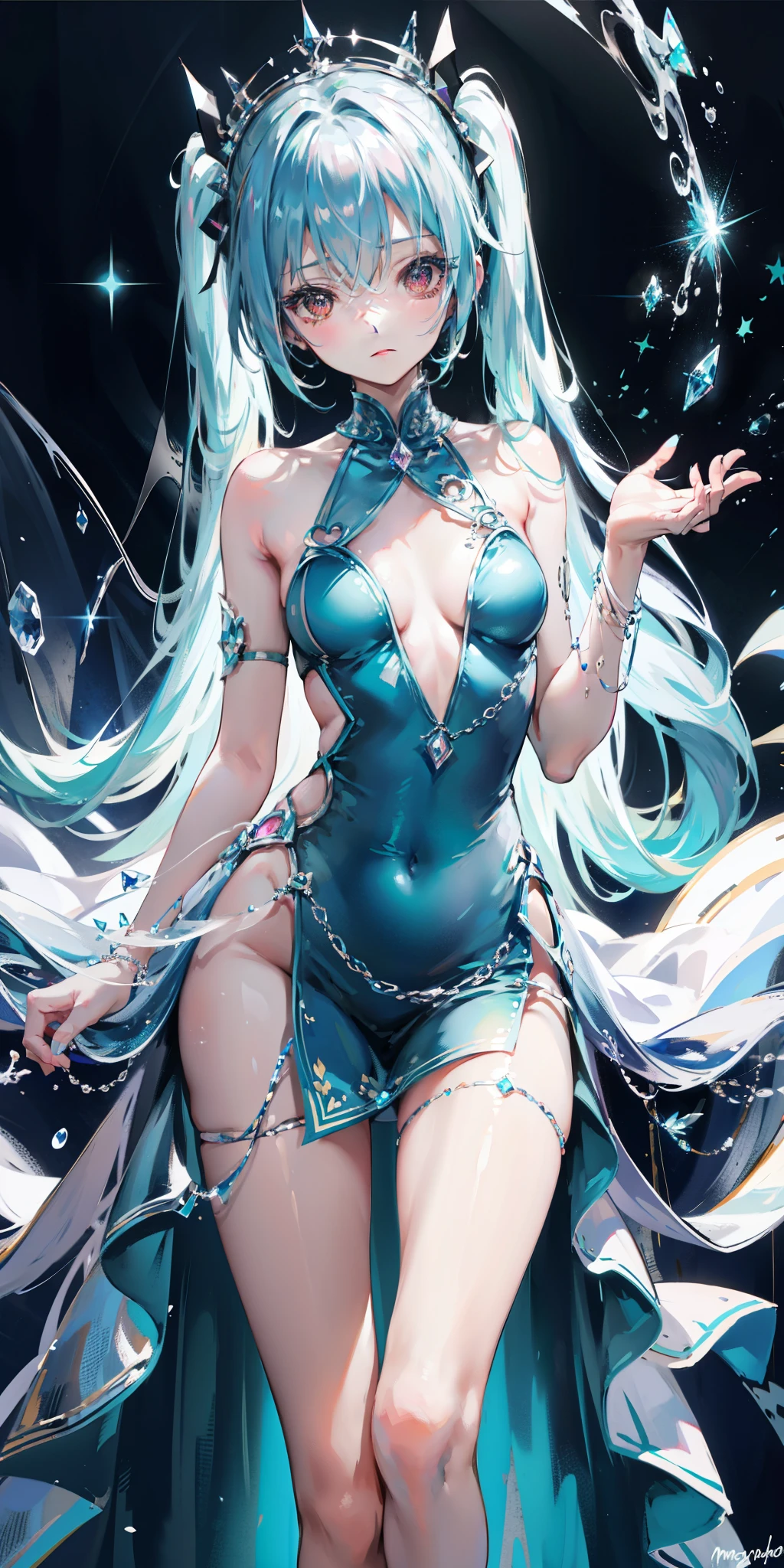 blue theme, Hatsune Miku portrait，masterpiece, magic , (Impossible Dress:1.5), mini skirt, Gradient background, Silver-blue hair, , Bangs,Side Chain, pink eyes, (ulzang-6500-v1.1:0.9), 中等Chest, Chest, Thigh gap, Hair accessories, arching back, Black_witch_have,complicated_decorate,mystery_fountain,luminescent_crystal