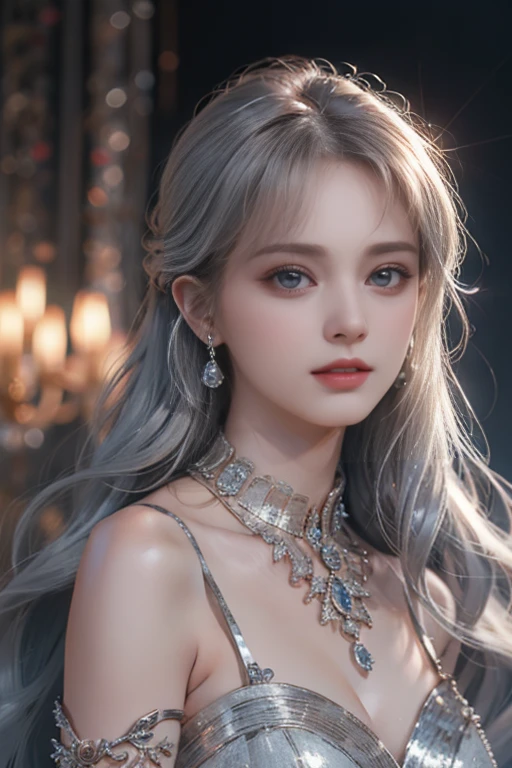 Realistic, High resolution, 1 Female, alone, Hip Up, Displaying the viewer, (Detailed face), Gray Hair, Long Hair, jewelry, elegant necklace, elegant diamond Earrings, Office uniform, Women's Tights, Shorts,Camel Toe, Beautiful eyes with attention to detail、very Long, narrow eyes、Beautiful eyelashes、Beautiful double eyelids、eye shadow,Long legs,Medium thighs, Wear glasses、Beautifully drawn eyes in every detail、Long, narrow eyes、Long eyelashes、Beautiful double eyelids、eye shadow、Earrings、Glowing White Skin、Sexy Bra