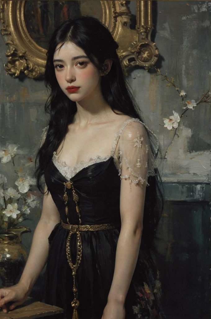 (Oil painting: 1.5),
\\
A woman with long black hair, (a detailed painting: 0.353), (Gothic art: 0.106)