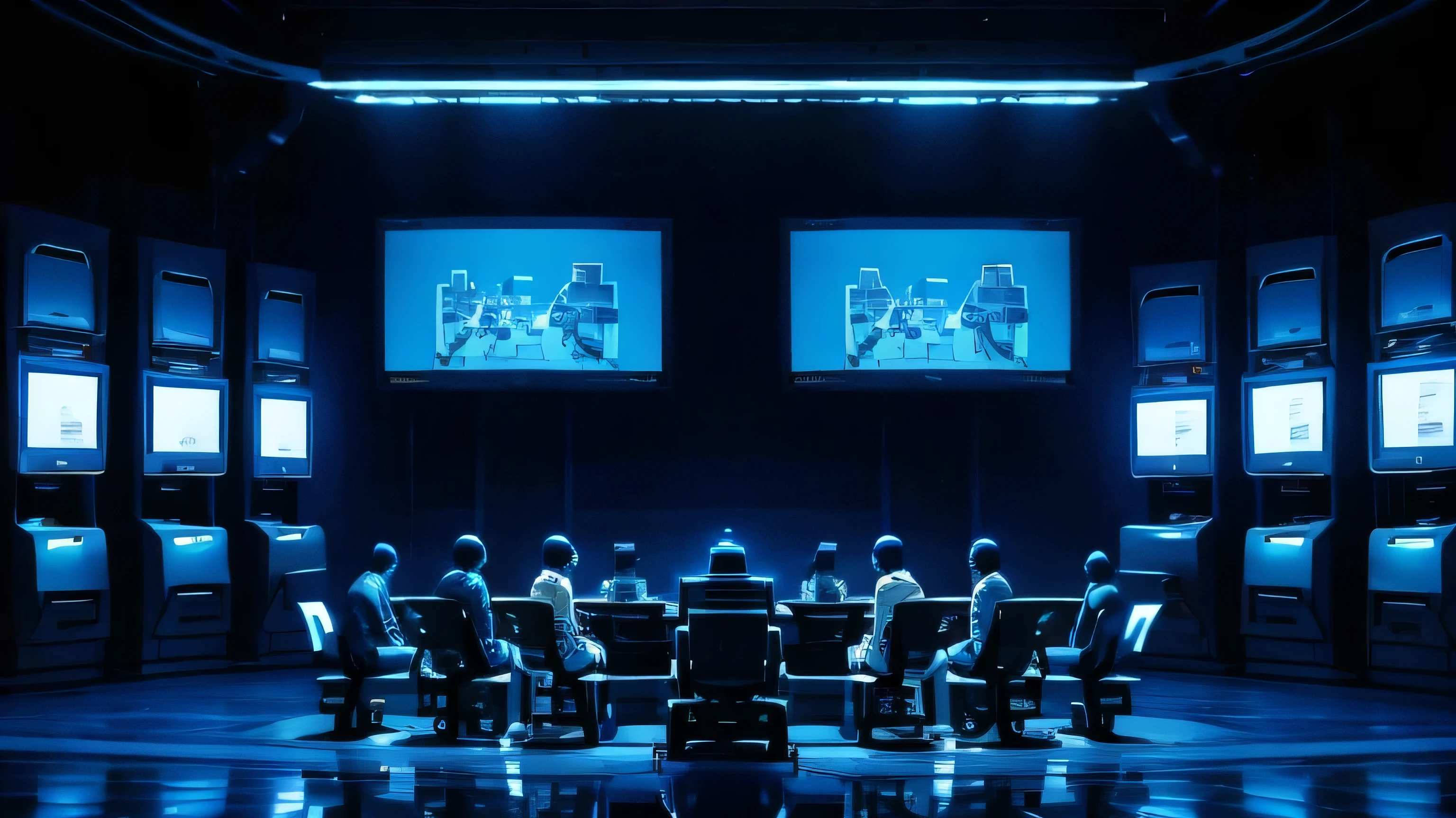 robots gathered around sitting and looking at a computer screen, blue white