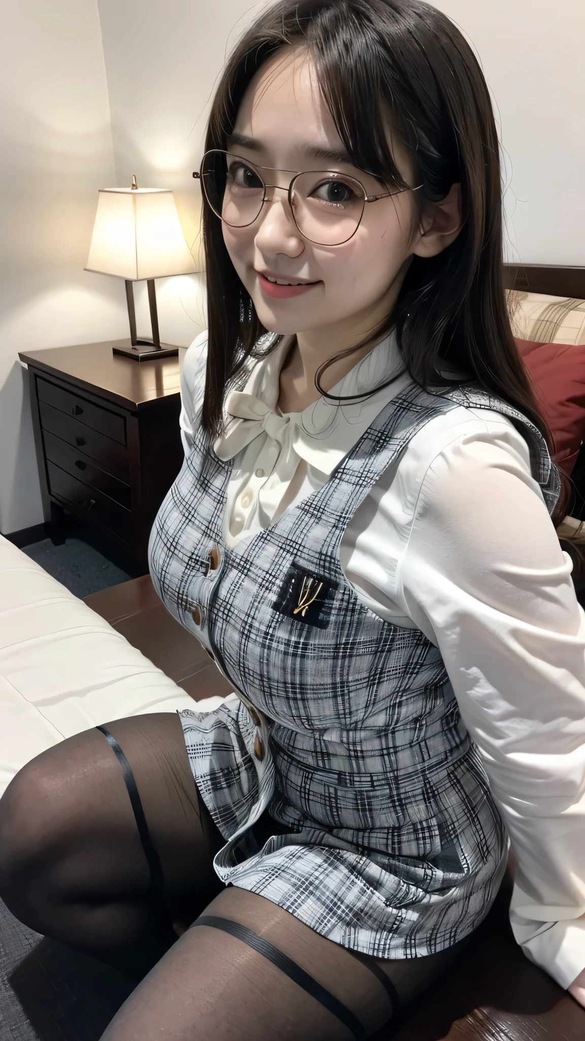 Ulzzang-6500-v1.1, (RAW Photos:1.2), (Photorealistic), (Genuine:1.4), (Pieces fly), A quiet, sober woman wearing glasses and a checked vest., Wear a tight skirt, Wearing glasses, A little chubby、(Ultra-realistic pantyhose:1.2), Thick lips、Yoshitomo Nara, , Japanese Goddess, Porn actress, Sexy Girl, Geeky appearance,Geeky,Sexy Gaze, (A very loving smile:1.2)、 ((Full Body Shot:1.16))、Sit on the bed and seduce、Very large breasts bigger than a face, Ultra-realistic skin texture、Shiny skin、Very large breasts bigger than a face、Geeky random porn actress poses, Exposed thighs!!!