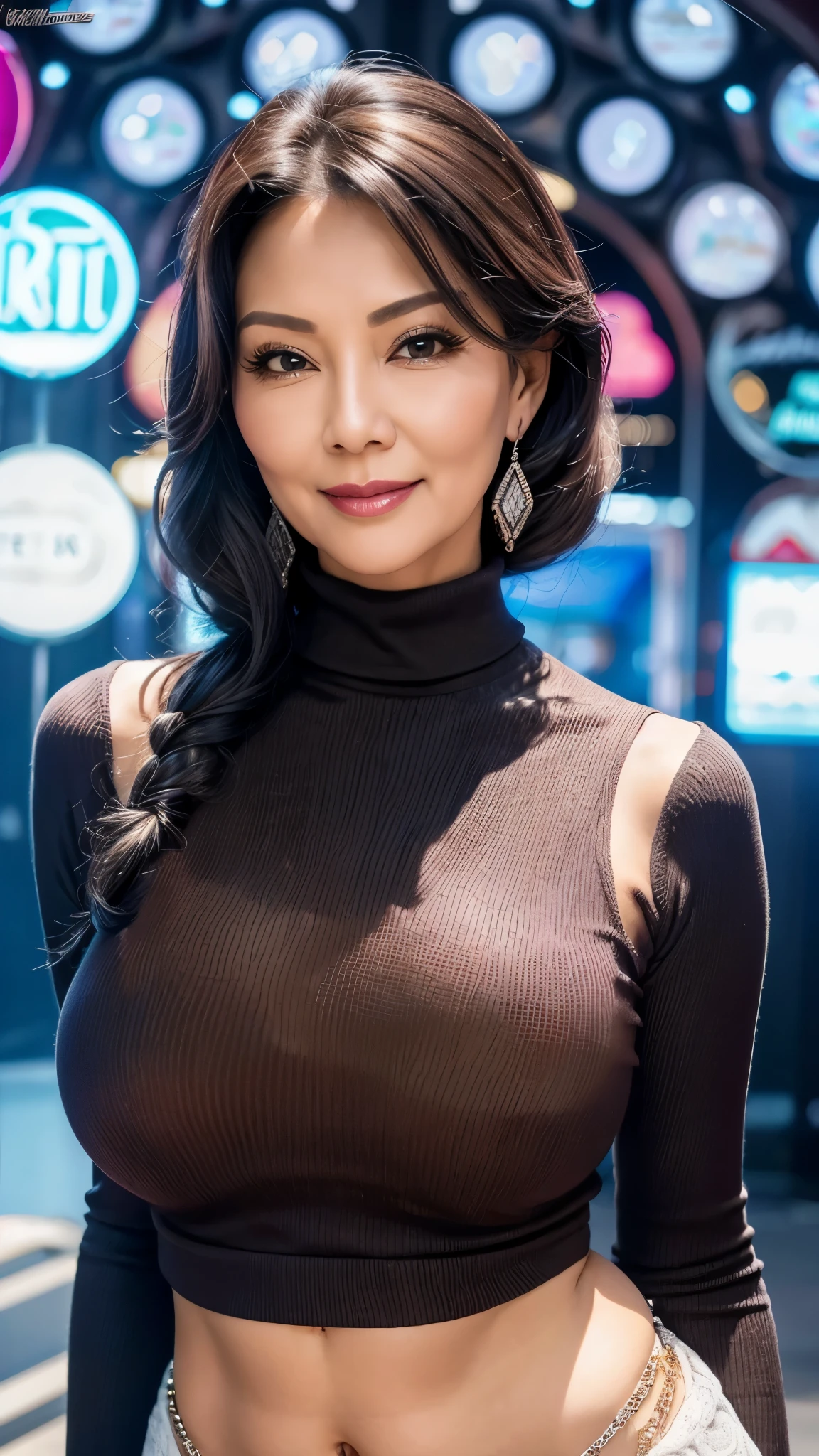 Turtleneck sweater 75 years old Mom MILF Korean, Lady large earring Big choker navel piercing decoration A bracelet Silver Hair realisitic Gorgeous Madame Beautiful Mature Woman sexy Smile Gentle woman navel piercing 4K High quality amusement park Gorgeous Madame Beautiful Mature Woman