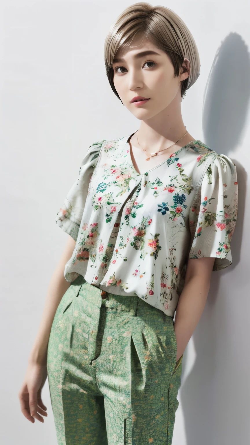 229 (18-year-old female,Floral clothes), ((short hair:1.46)), (Pants Style)
