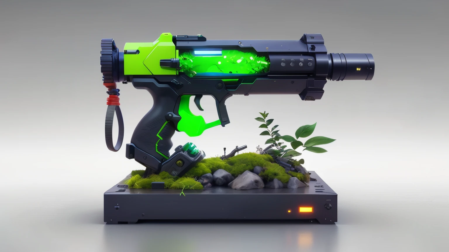 Concept gun design, Science Fiction，unmanned，Gun with plants and crystals，Glowing gun，Glass and Plasma，Plant and machine combination，moss，The vine plant attached to the gun，cgi，Realism，Stereo，Light and Shadow，Place on the ground，HD，Extreme details，high resolution