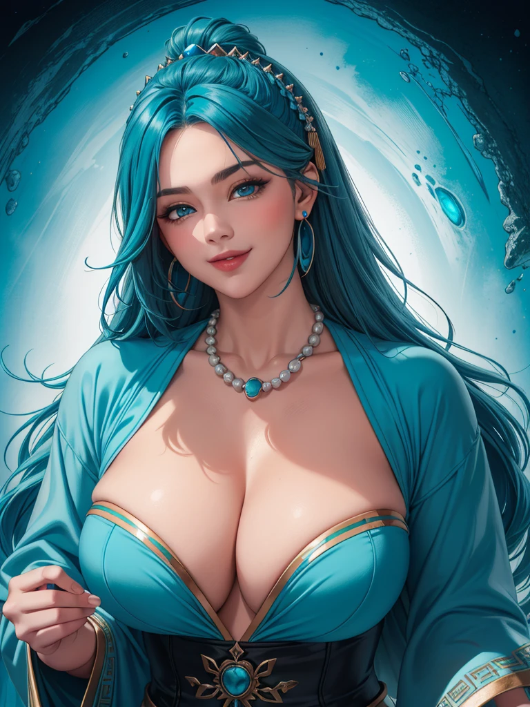 masterpiece, highest quality, Super detailed, figure,(One girl),Beautiful fine details, View Viewer, (Holding a computer keyboard), Happy, (Turquoise Hair:1), (Blue round eyes:1), (Round earrings), (turquoise large gemstone necklace), Cute round face, Long Hair, smile, Fantasy Chinese Clothing