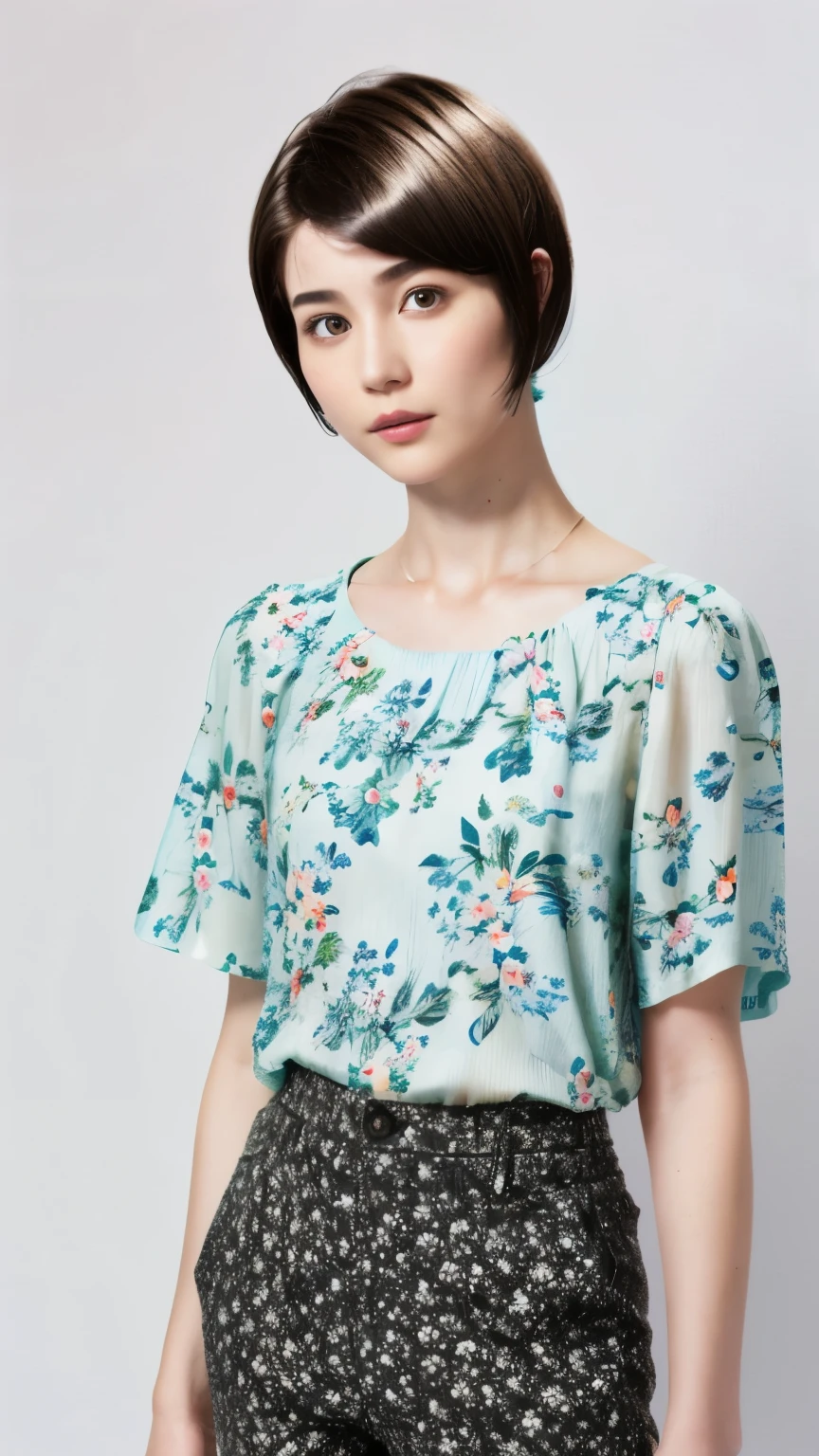 229 (18-year-old female,Floral clothes), ((short hair:1.46)), (Pants Style)