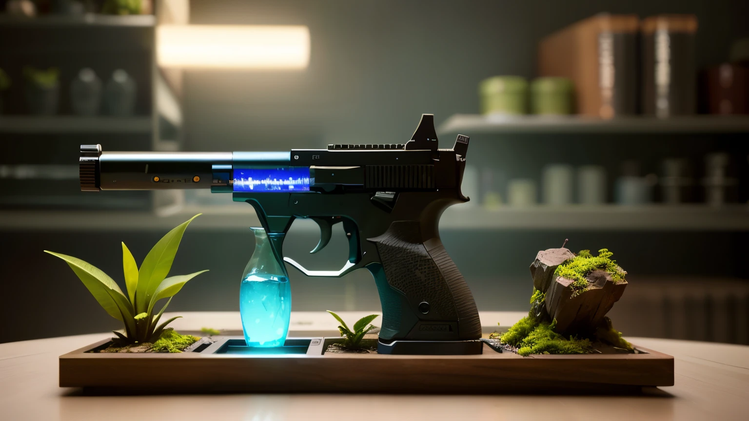 Concept gun design, Science Fiction，unmanned，Gun with plants and crystals，Glowing gun，Glass and Plasma，Plant and machine combination，moss，The vine plant attached to the gun，cgi，Realism，Stereo，Light and Shadow，Place on the ground，HD，Extreme details，high resolution