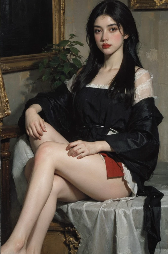 (Oil painting: 1.5),
\\
A woman with long black hair, (a detailed painting: 0.353), (Gothic art: 0.106)
