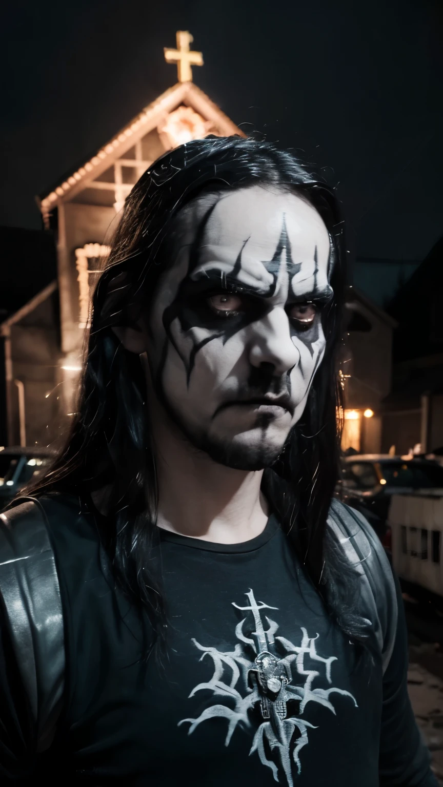 (masterpiece, best quality:1.2), (((1man, male))) , solo, highres, best quality, Half body shot of a strong Man, pale white skin angry man with (((black metal corpsy paint))), ((wtruff4 face, Angry face)) , heavy White and ((Black face paint, corpse paint)) wearing a black and silver armor, spike, in a gothic cemitery, at night, horror movie. high details, super detail, textured skin, masterpiece, UHD, 4K, 8k. ((Cinematic lighting)). Church on fire background 